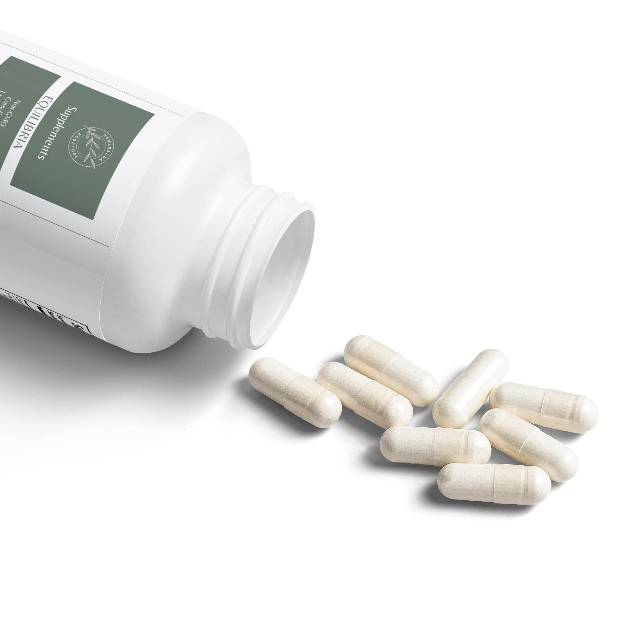 Non-GMO 5-HTP supplement capsules spilling out of a white Printify bottle on a white background