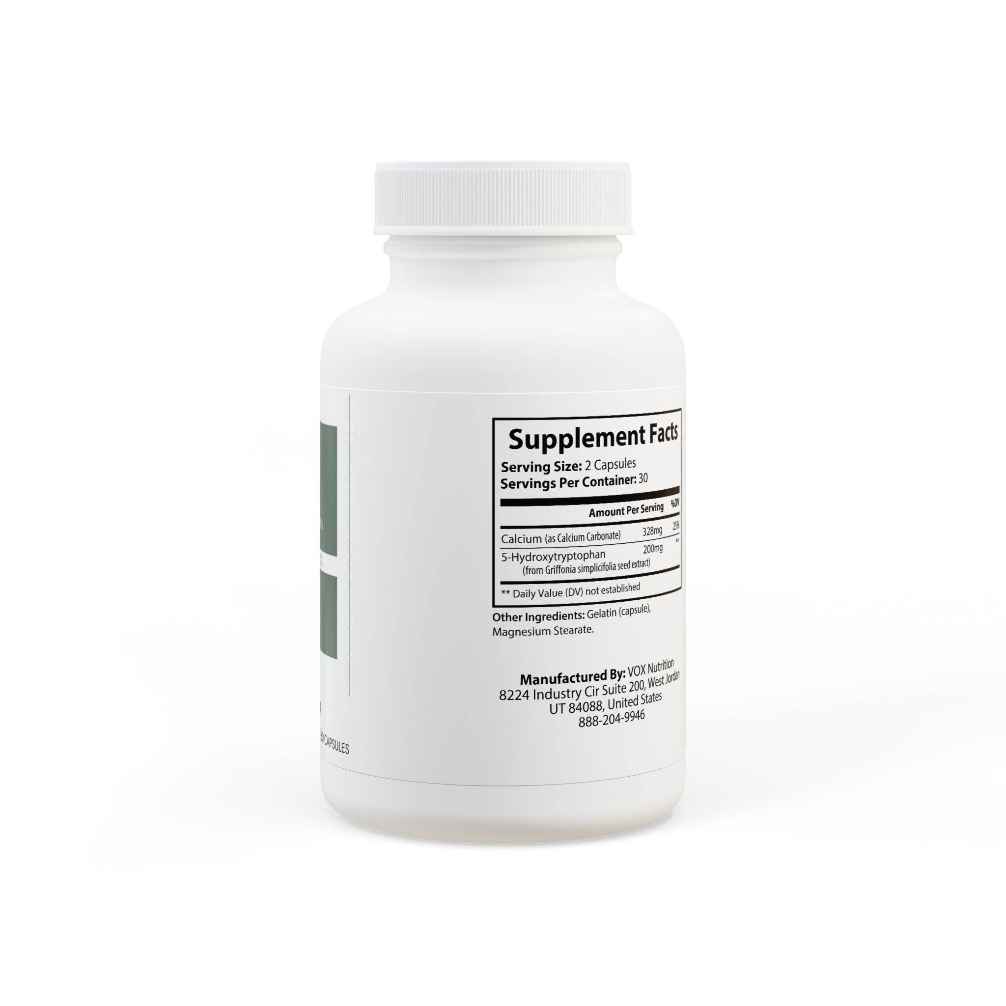 Printify non-GMO 5-HTP supplement bottle showing supplement facts label and white cap