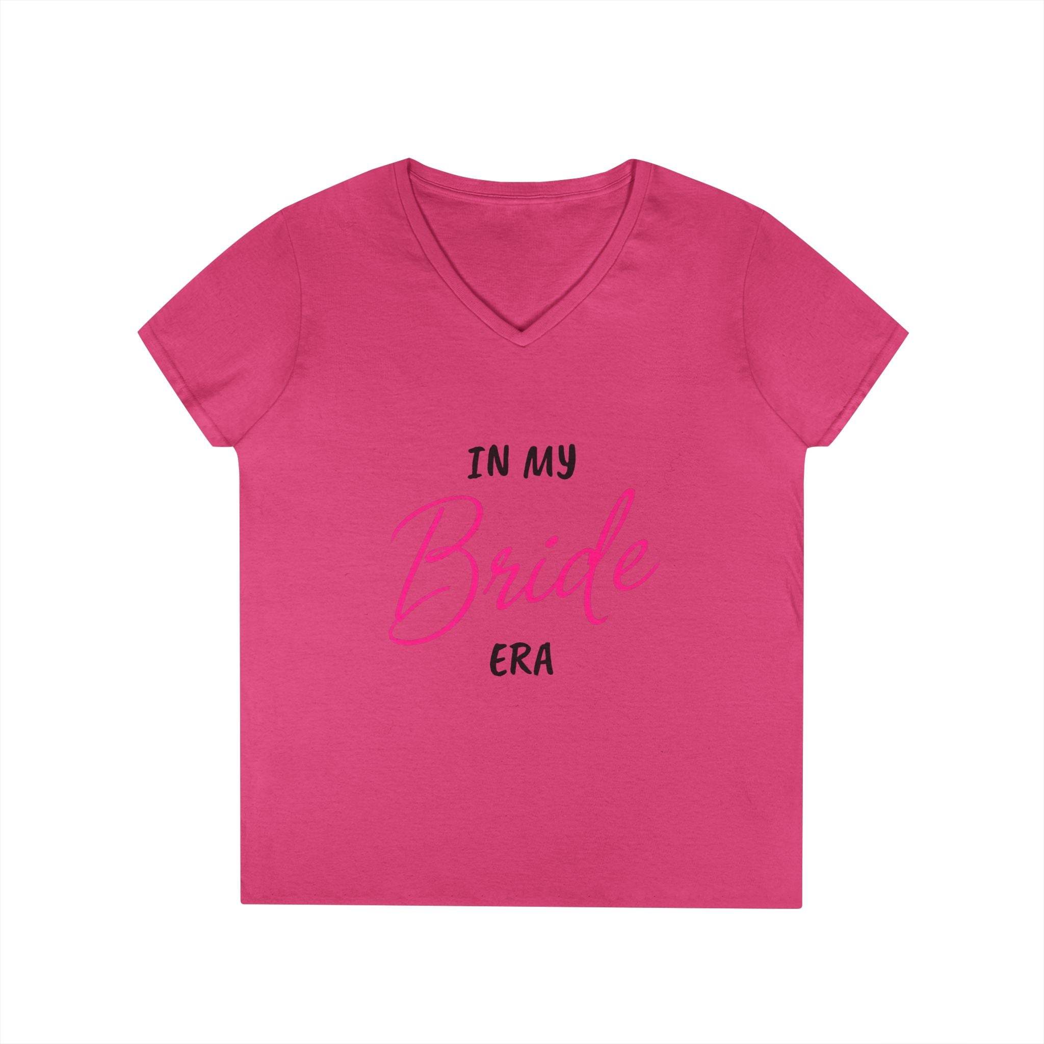 Printify pink v neck t shirt with In My Bride Era script design eco-friendly bride t-shirt for bachelorette