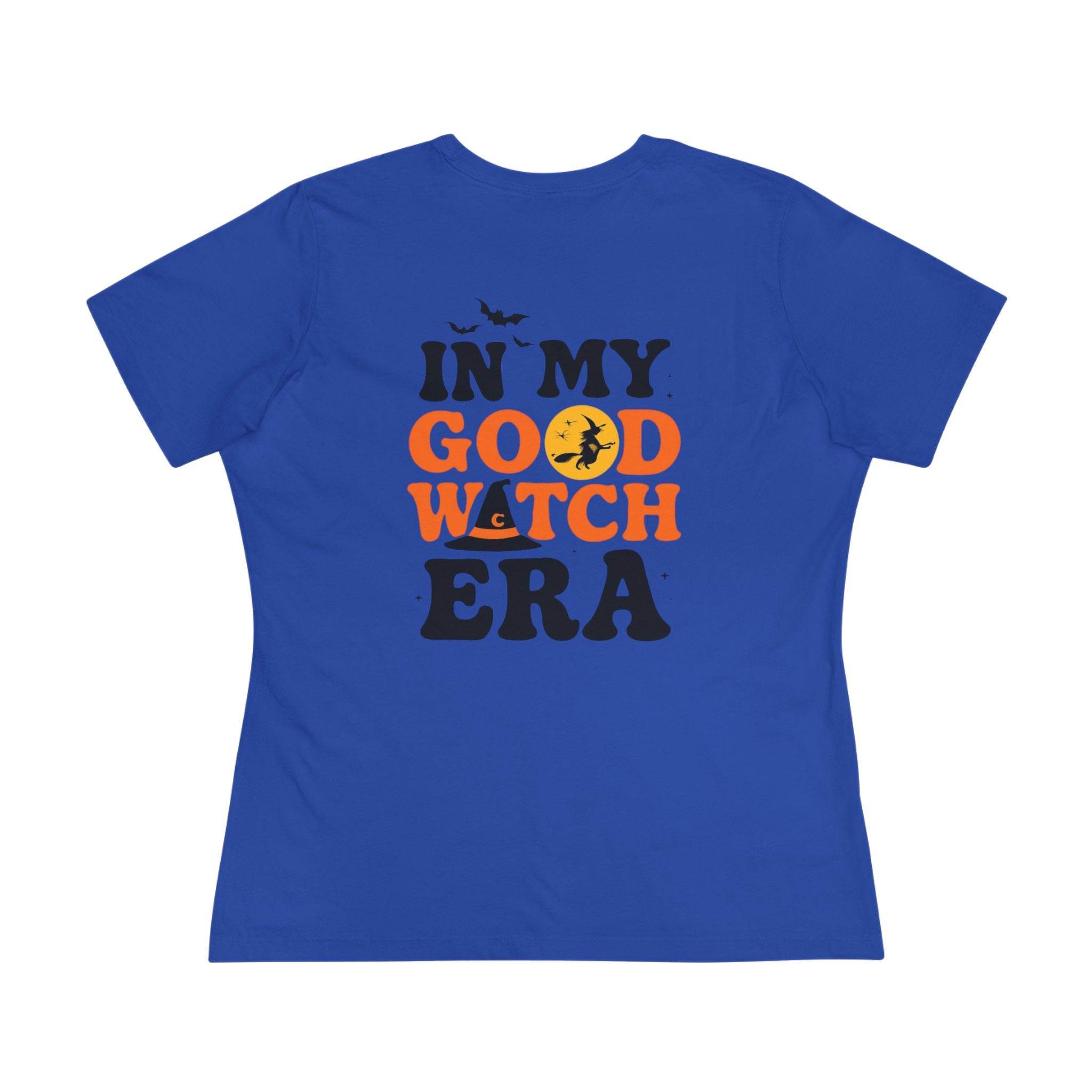 eco friendly halloween t shirt women blue womens tee with back In My Good Witch Era print featuring witch moon and bats