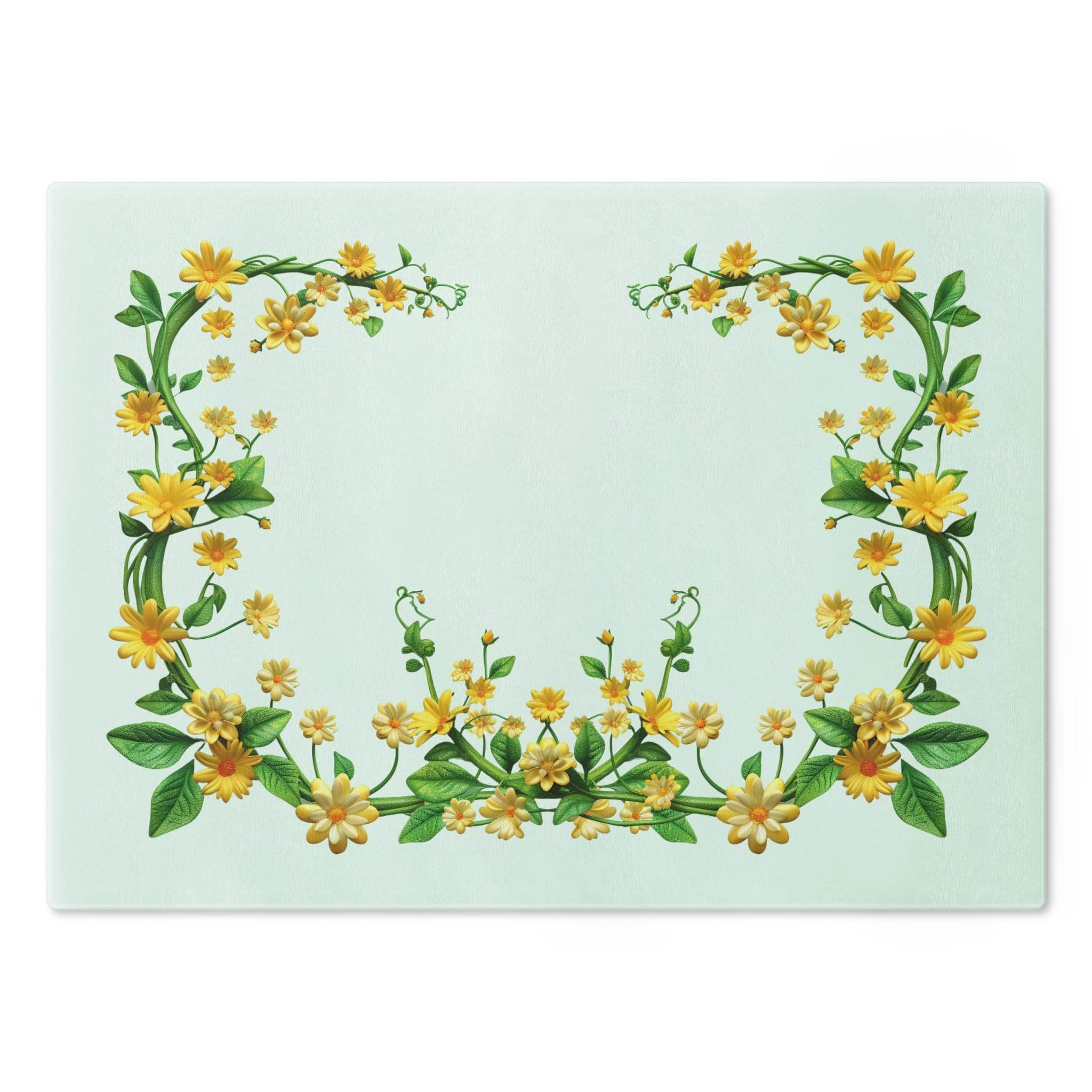 Floral eco-friendly cutting board with yellow flower design and green leaves from Printify kitchen accessories