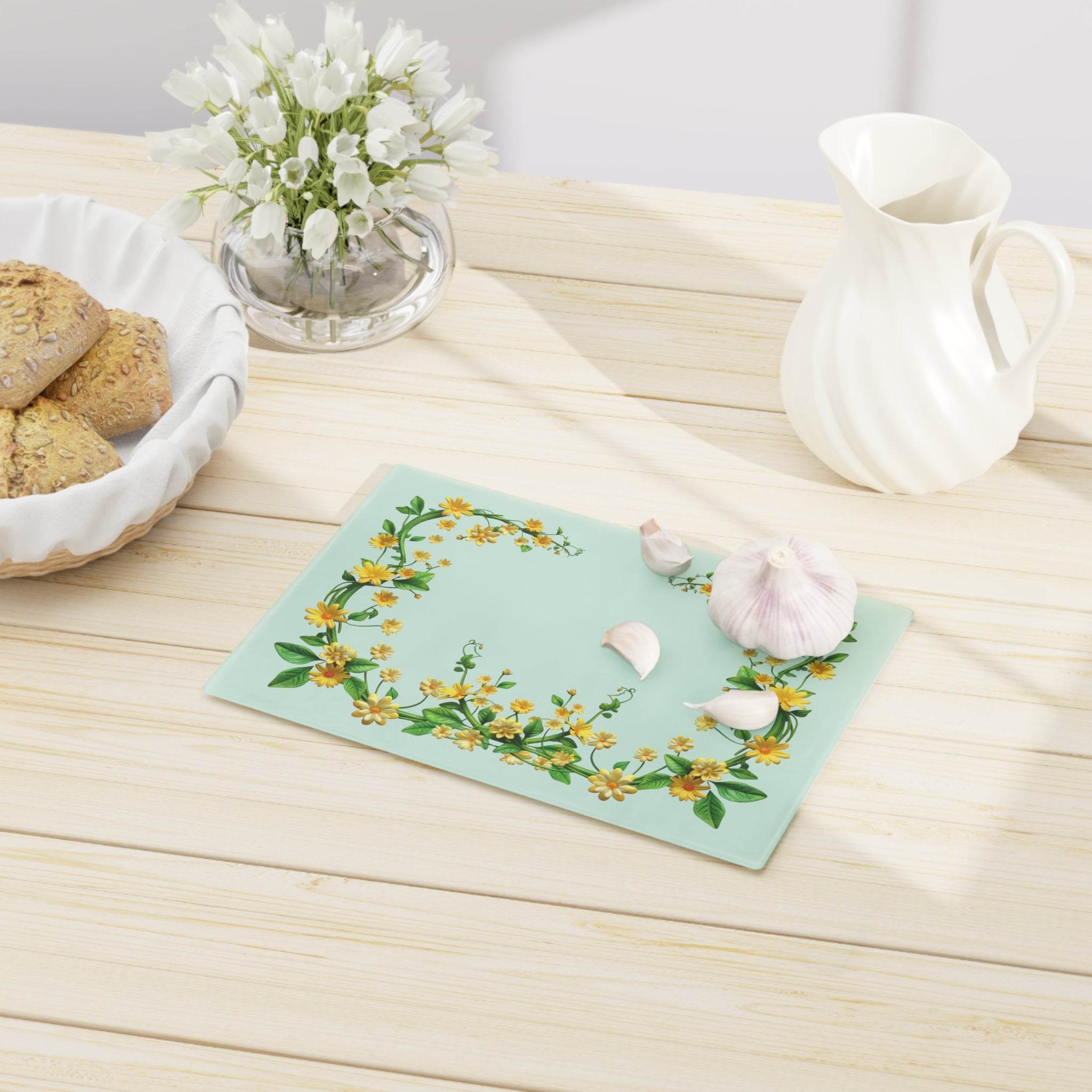 Floral eco-friendly cutting board with yellow flower design on light blue background by Printify