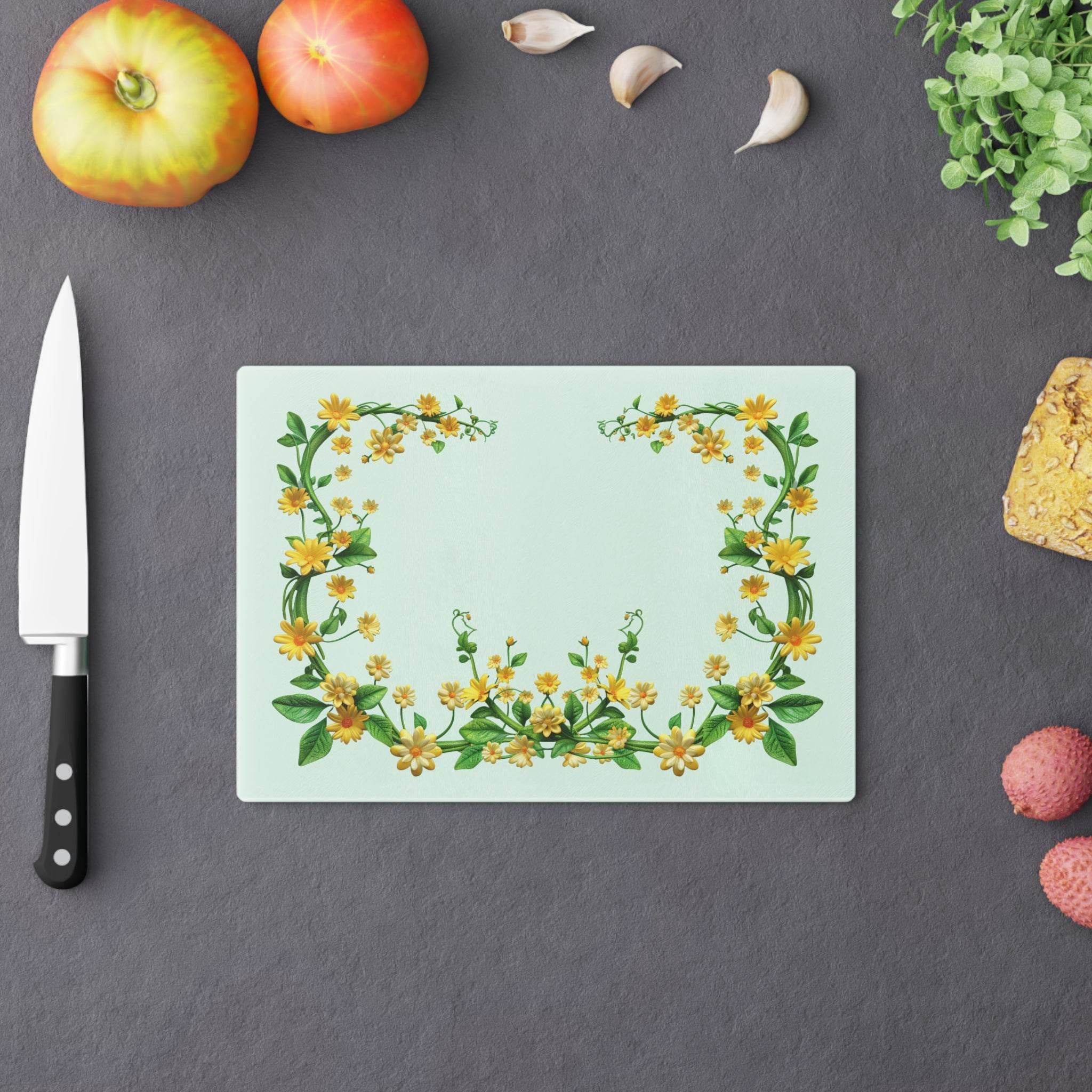 Floral eco-friendly cutting board by Printify with yellow flower design on light green background