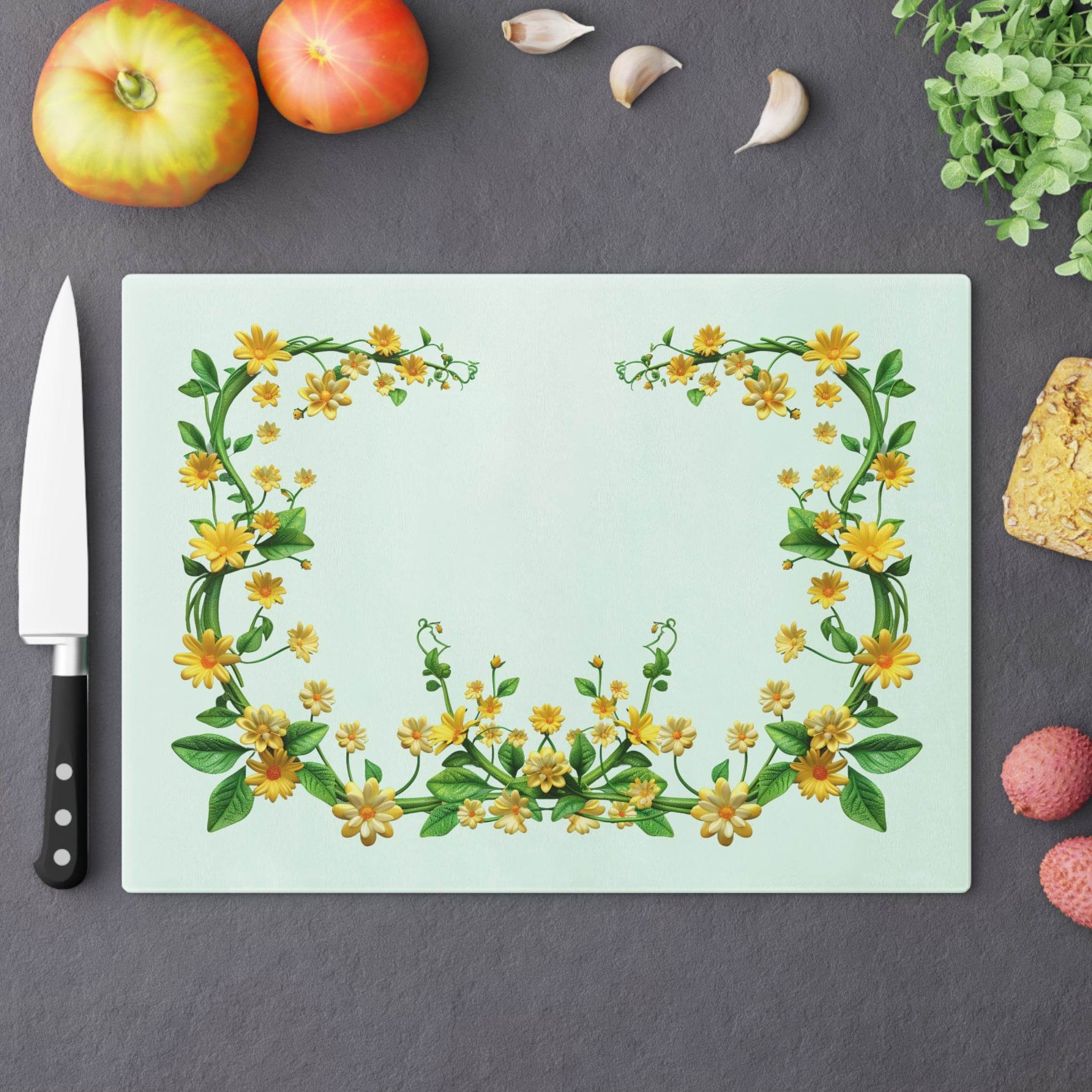 Floral eco-friendly cutting board with yellow flower design by Printify on kitchen countertop