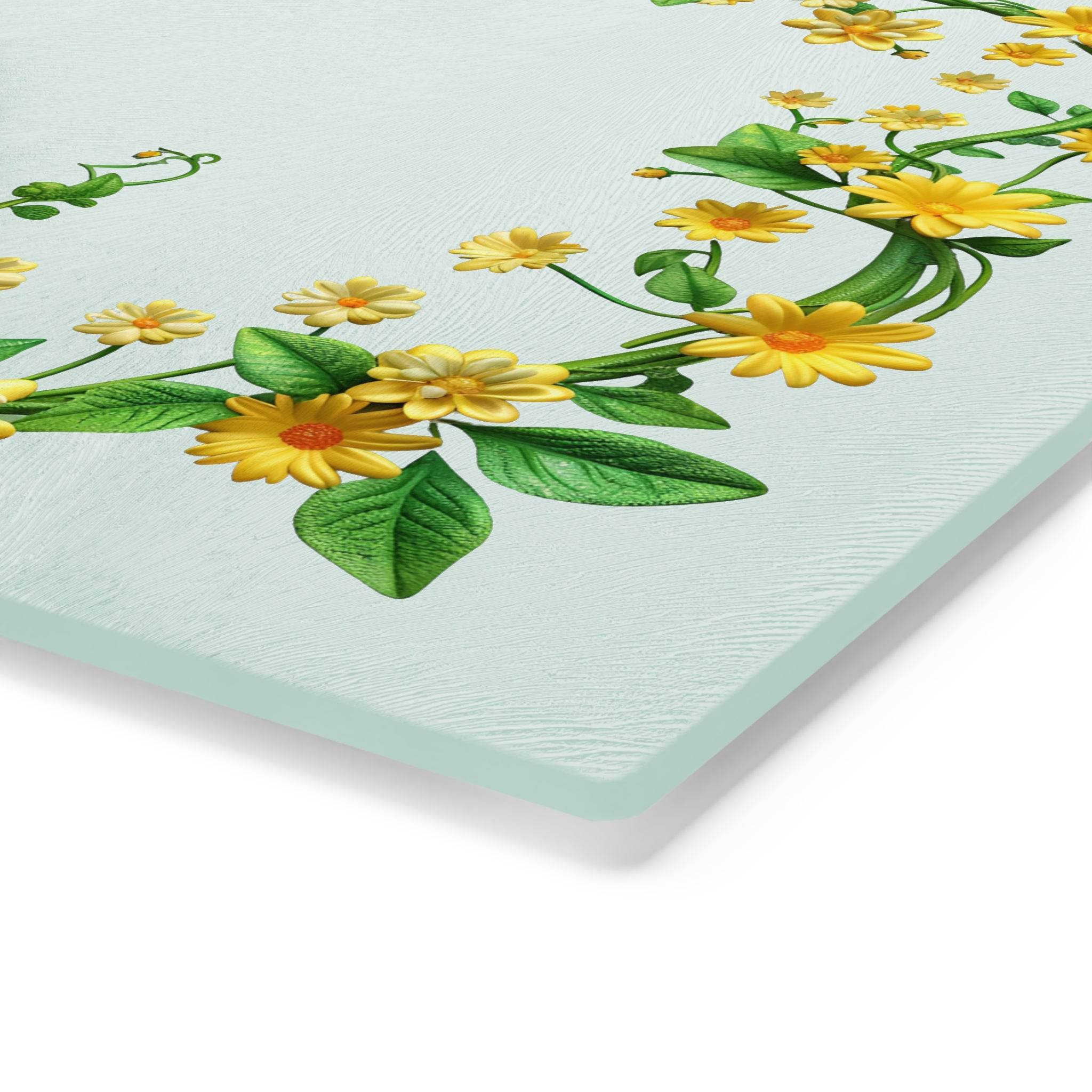 Printify floral eco-friendly cutting board with yellow flower design and green leaves on light background