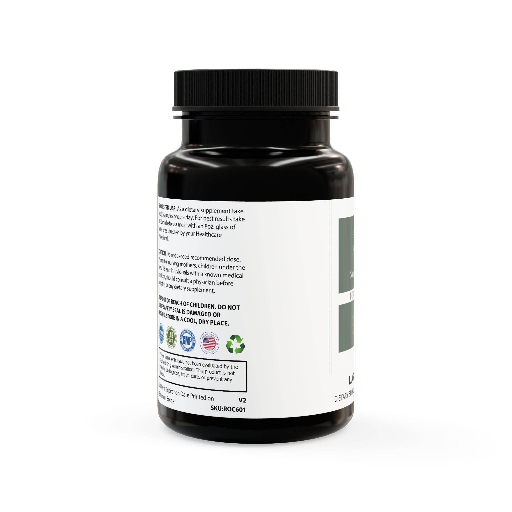Printify non-GMO L-arginine capsules supplement bottle with detailed label and black cap