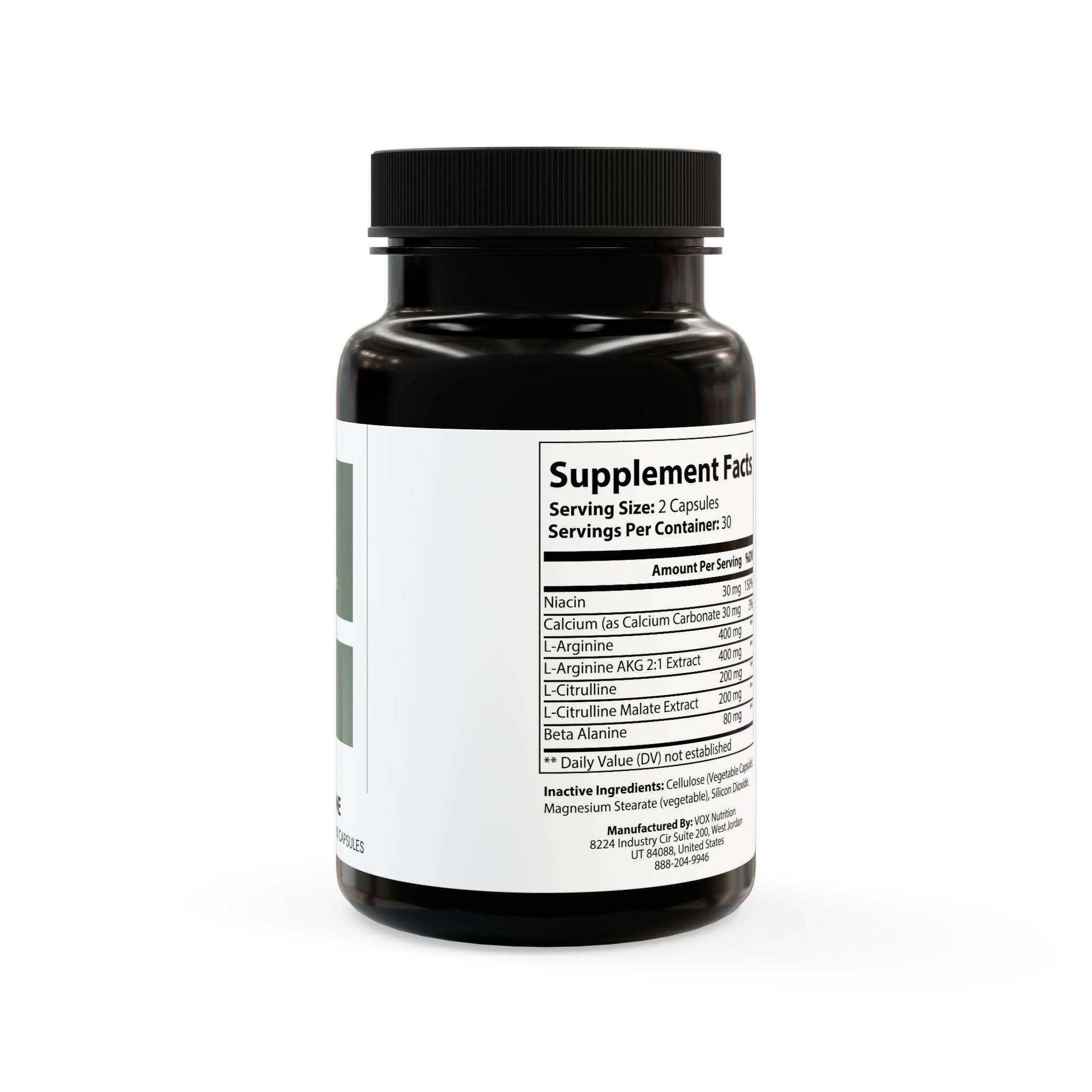Printify non-GMO L-arginine capsules supplement bottle showing supplement facts label on white background