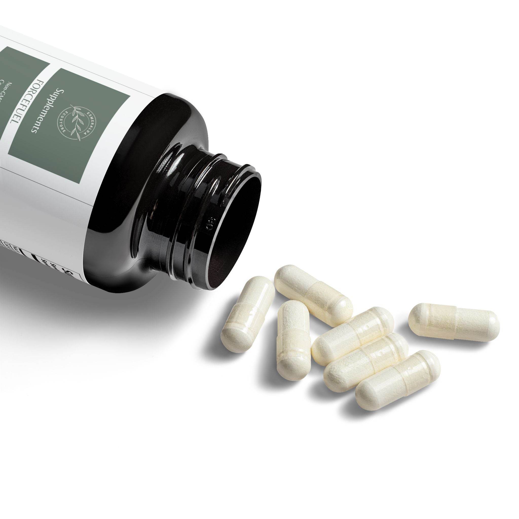 Open bottle of Printify non-GMO L-arginine capsules with several white capsules spilled out