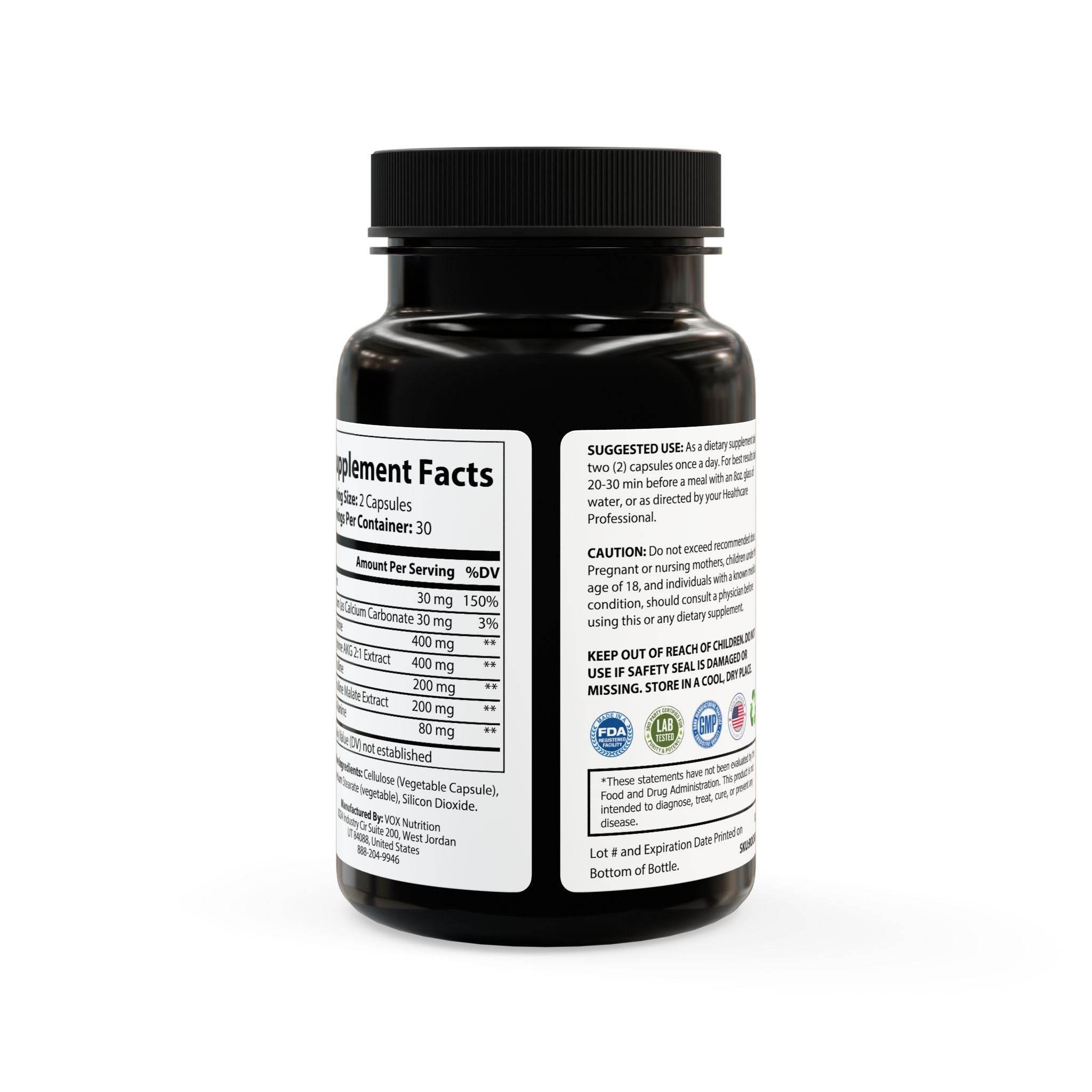 Printify non-GMO L-arginine capsules supplement bottle with detailed nutrition facts and usage instructions