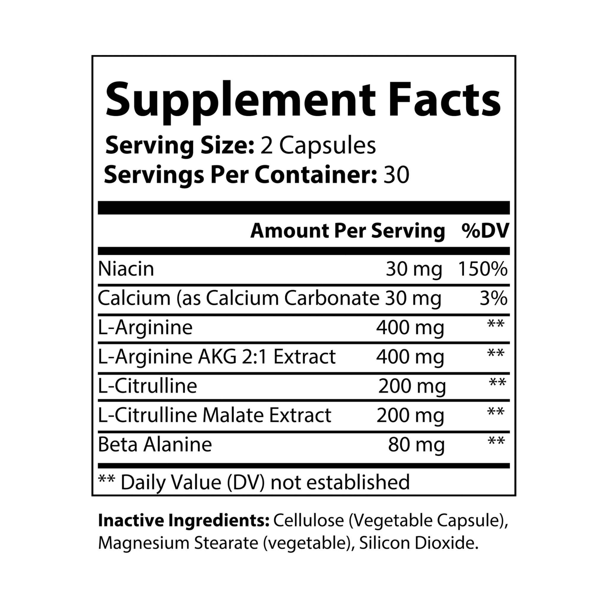 Supplement facts label showing ingredients for non-GMO L-arginine capsules with vitamins and extracts