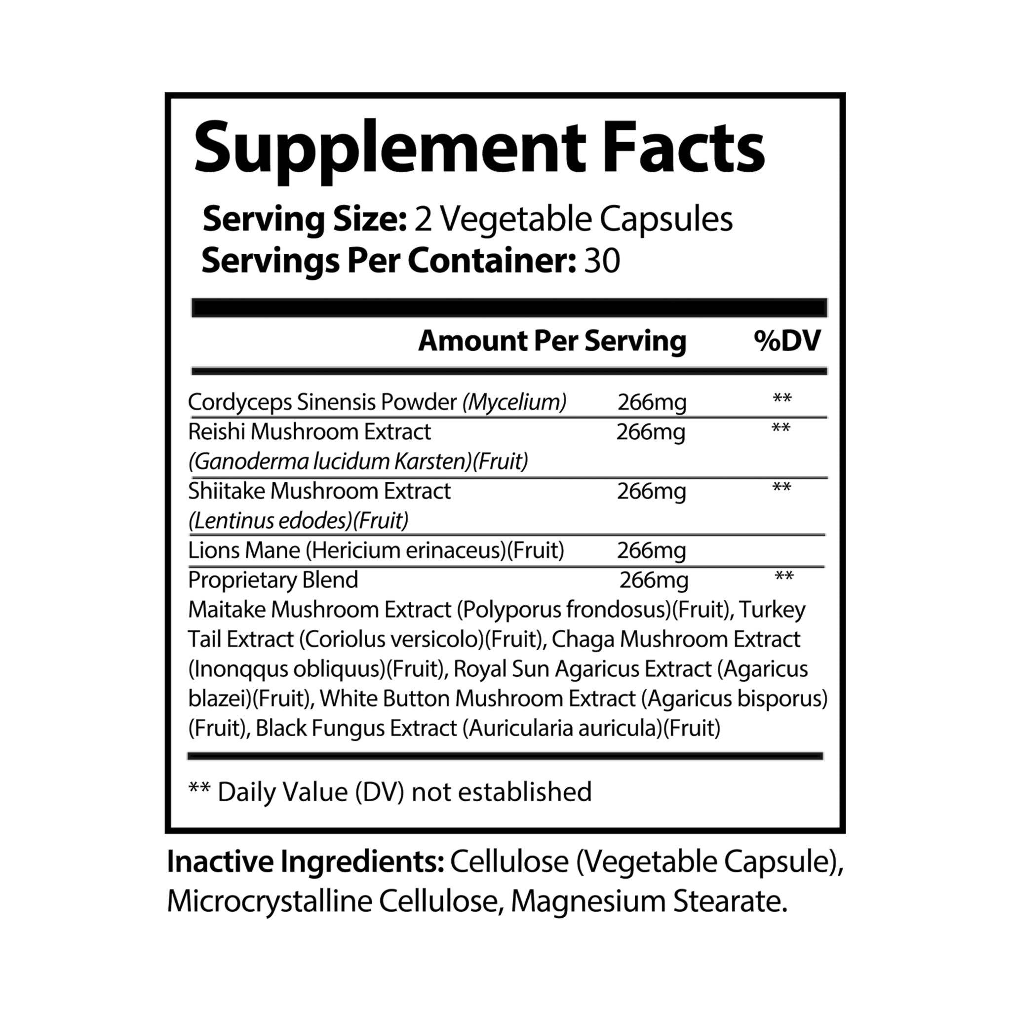 Supplement facts label for forest formula mushroom capsules showing mushroom extracts and serving details