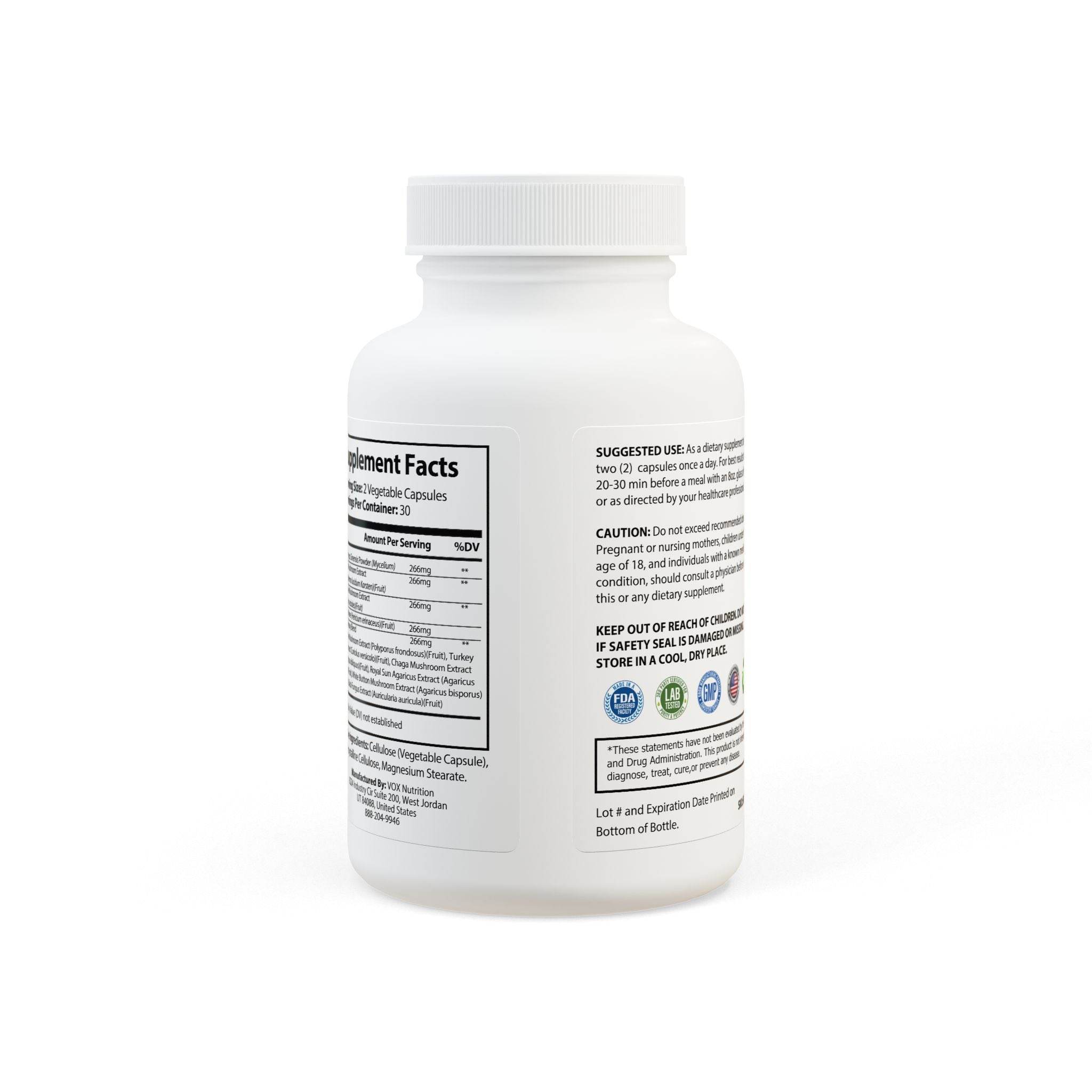 White bottle of Printify forest formula mushroom capsules supplement with label and usage instructions