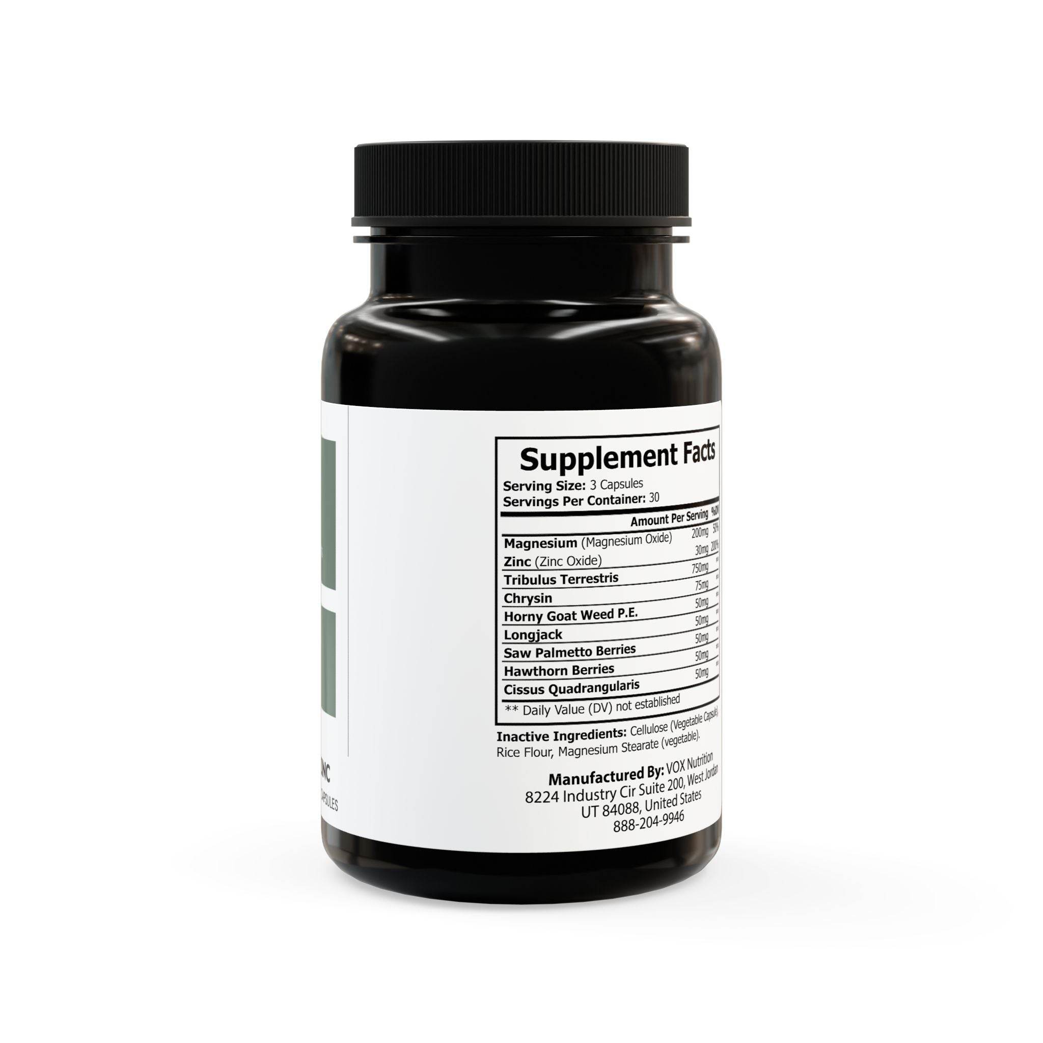 Printify vegan magnesium zinc supplement bottle showing supplement facts label on white background