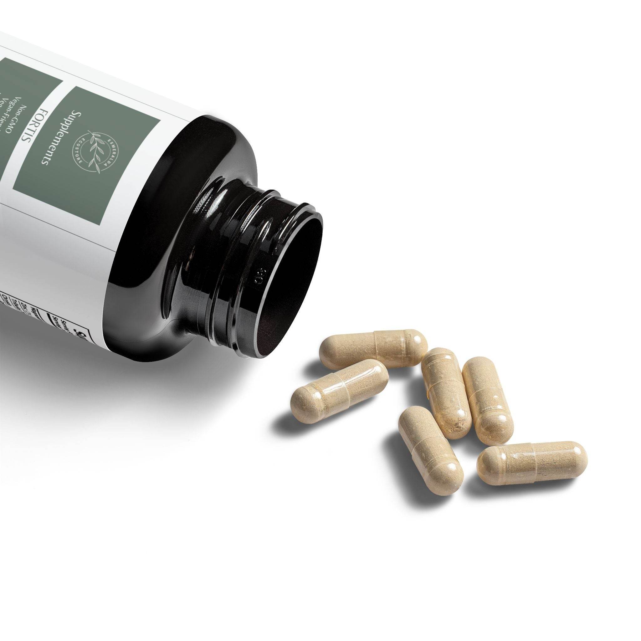 Open bottle of Printify vegan magnesium zinc supplement with beige capsules spilled out