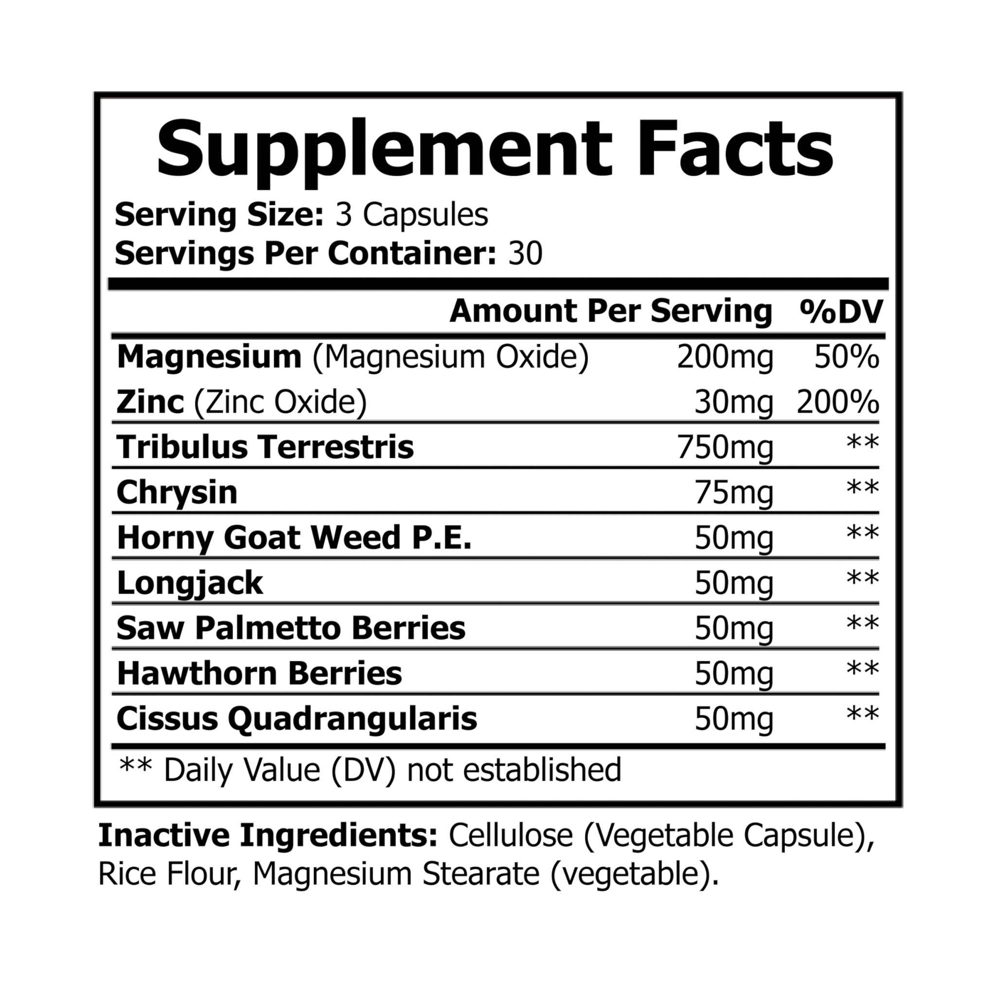 Supplement facts label showing ingredients and serving sizes for vegan magnesium zinc supplement by Printify