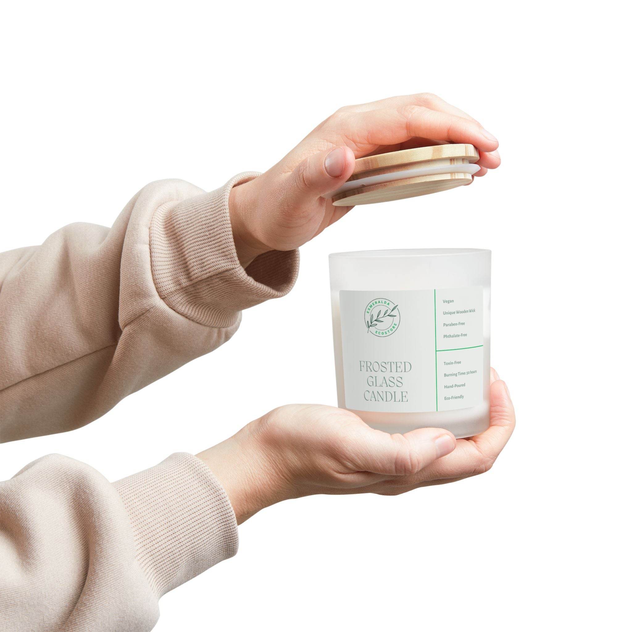Person holding a Printify frosted glass eco candle with wooden lid and minimal label design