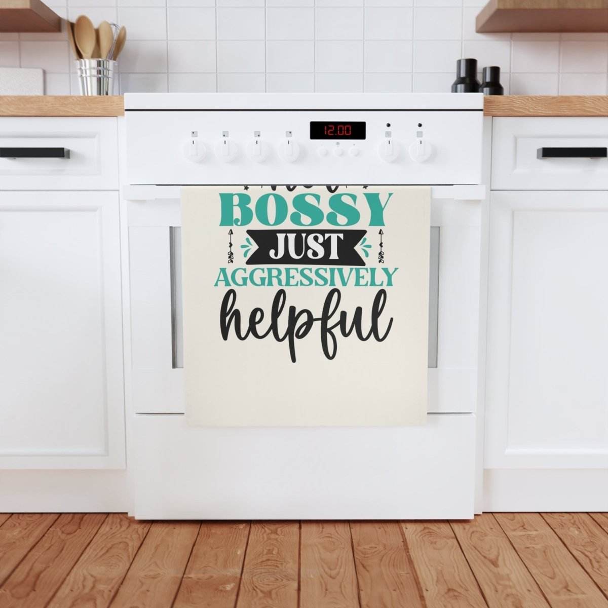 Funny cotton tea towels featuring a humorous quote about being bossy and helpful for kitchen decor