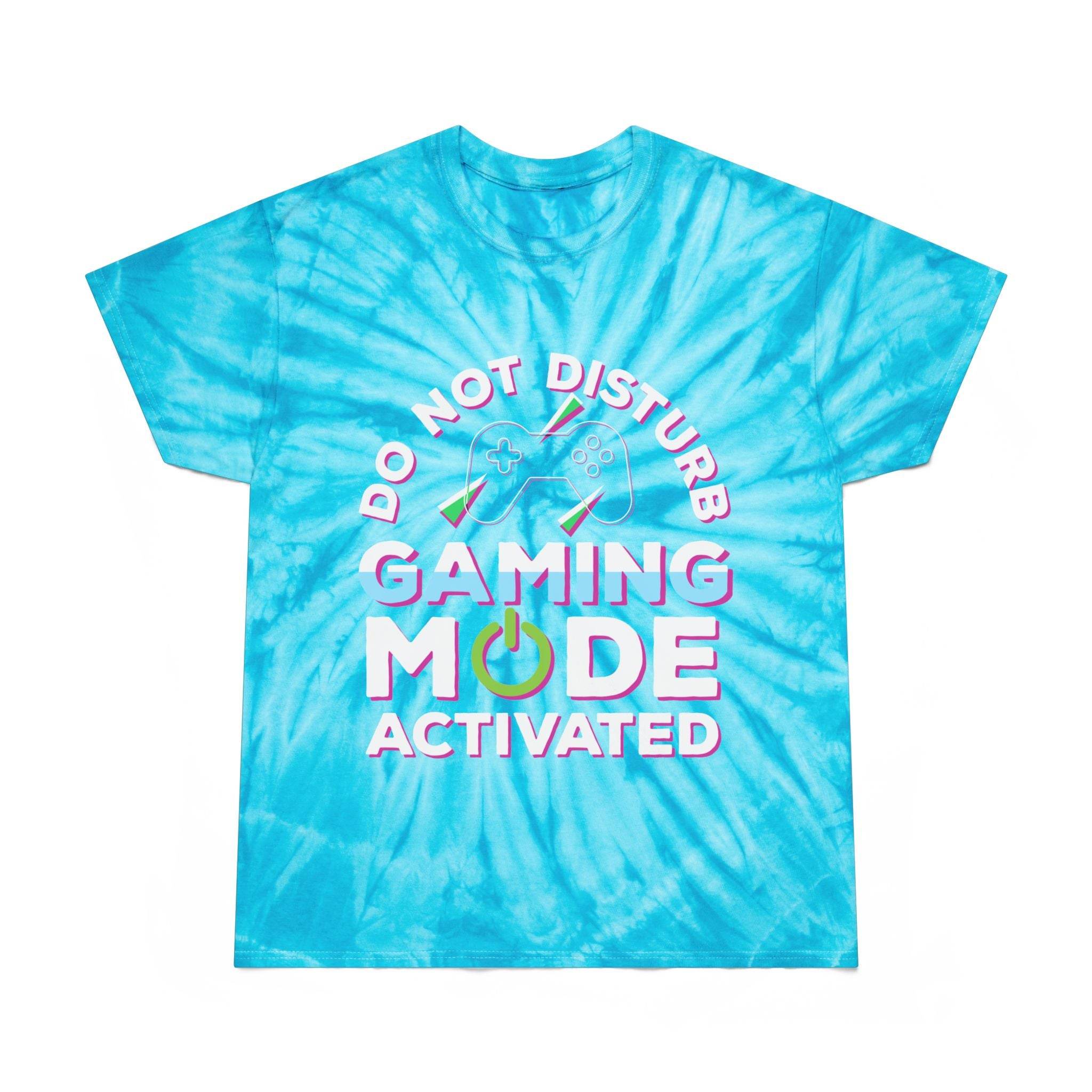 Printify blue tie-dye eco friendly gaming t shirt with Do Not Disturb Gaming Mode Activated text