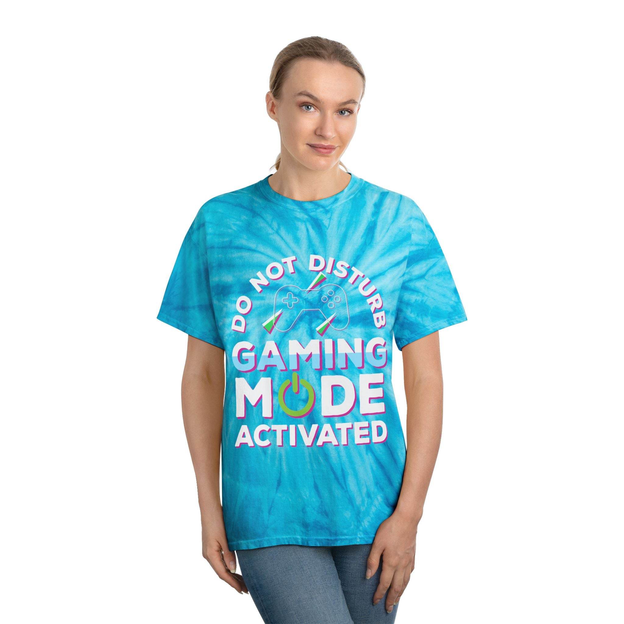 Printify blue tie dye eco friendly gaming t shirt with gaming mode activated graphic worn by woman
