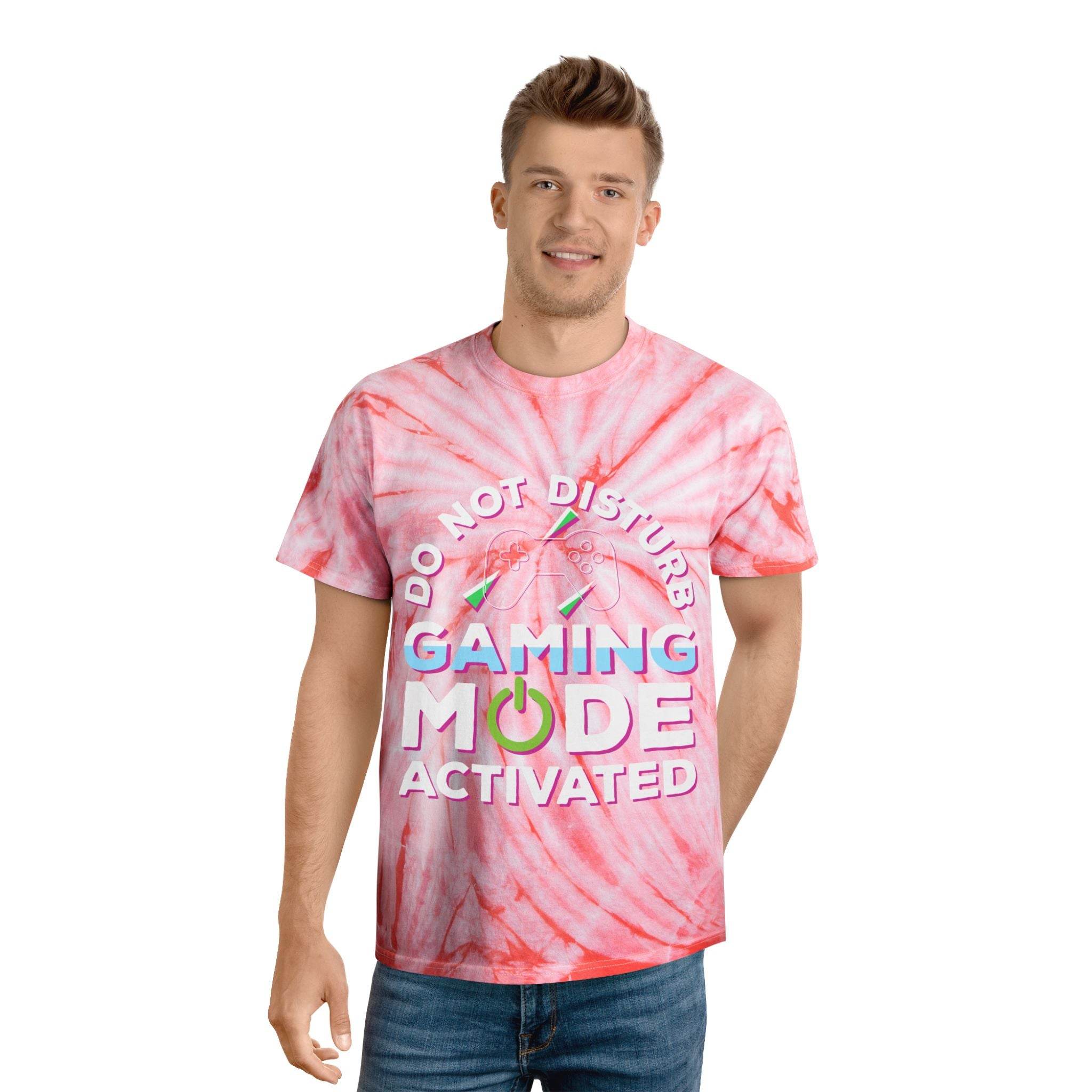 Printify eco friendly gaming t shirt with pink tie dye and gaming mode activated text