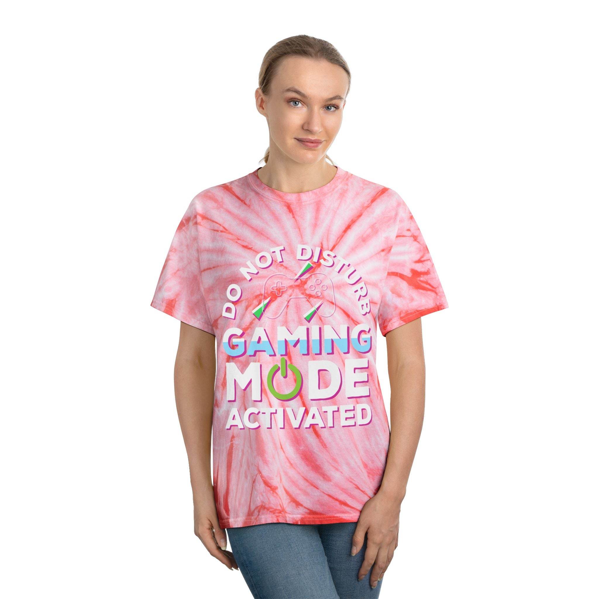 Printify eco friendly gaming t shirt pink tie-dye with gaming mode activated text worn by woman