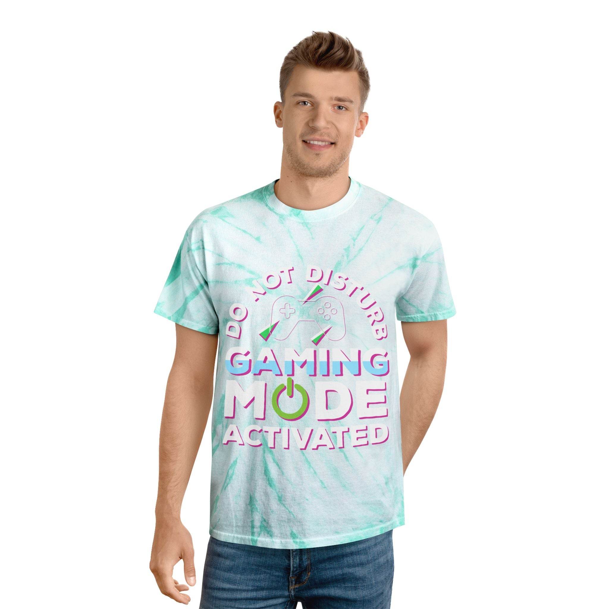 Printify eco friendly gaming t shirt with green tie-dye and gaming mode activated graphic