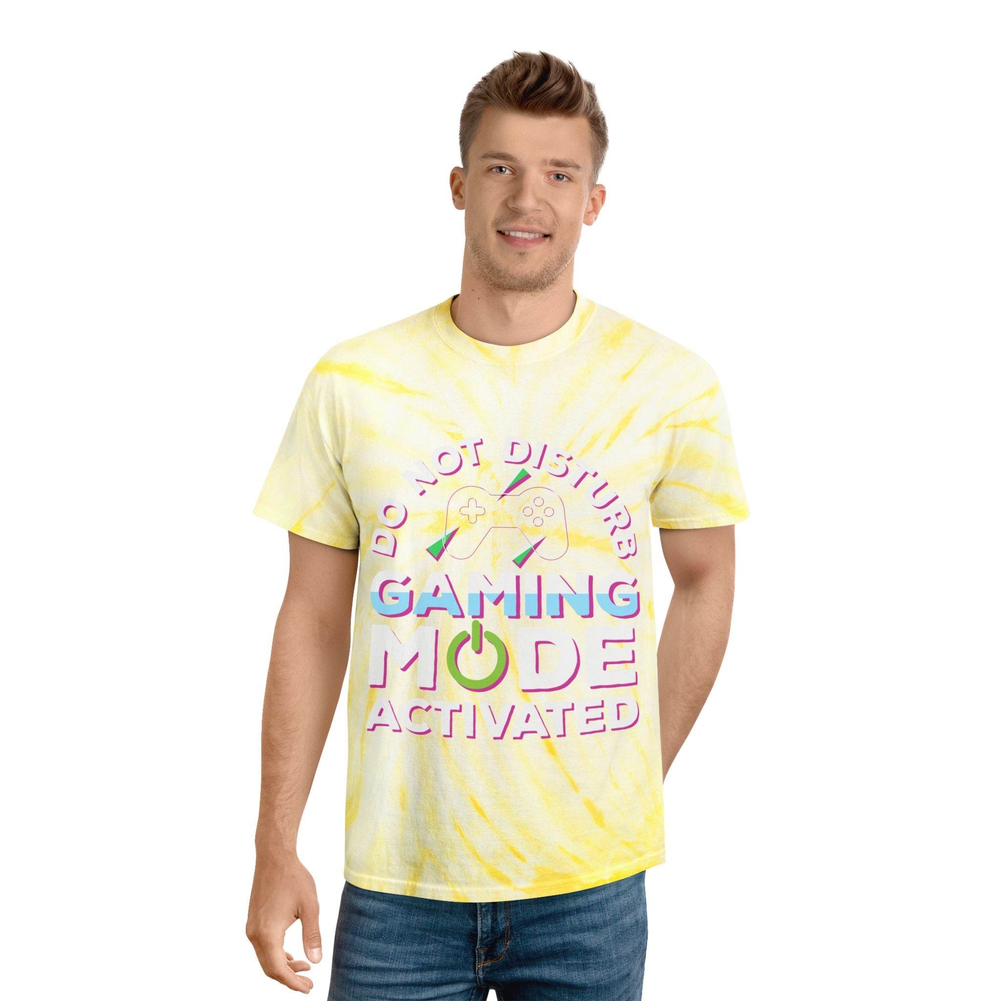 Printify eco friendly gaming t shirt with yellow tie dye and gaming mode activated design