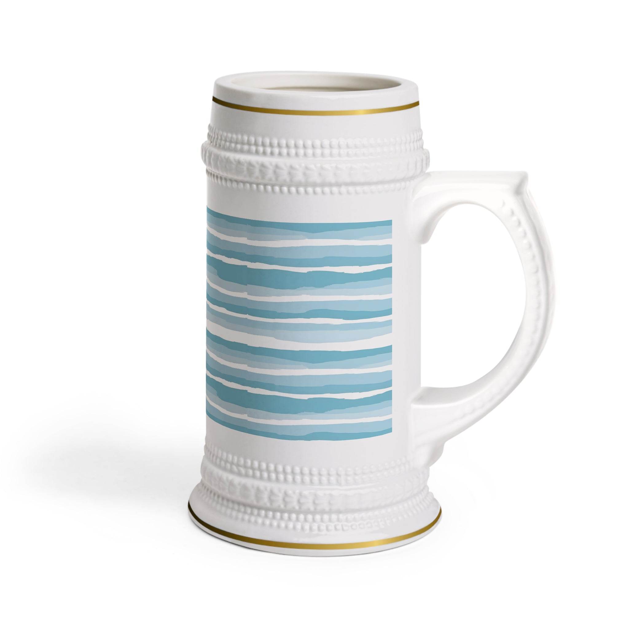 Printify ceramic stein mug with blue striped design and gold rim accents