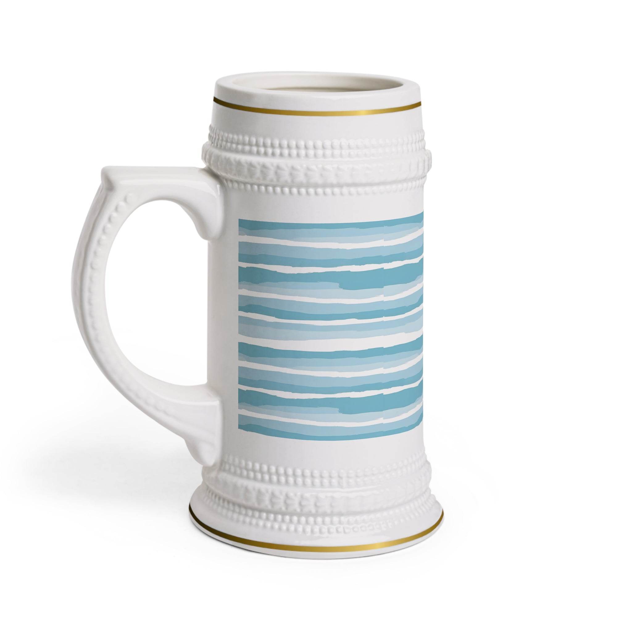 Printify ceramic stein mug with textured white surface and blue striped design