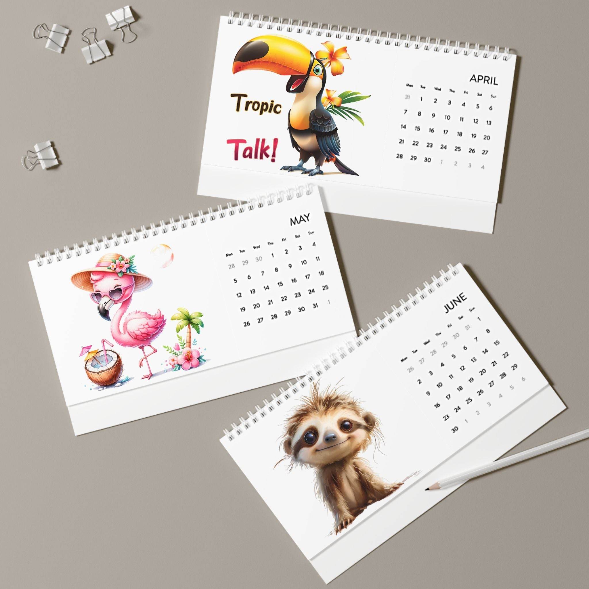 Printify eco-friendly desk calendar 2025 with colorful animal illustrations including toucan, flamingo, and sloth
