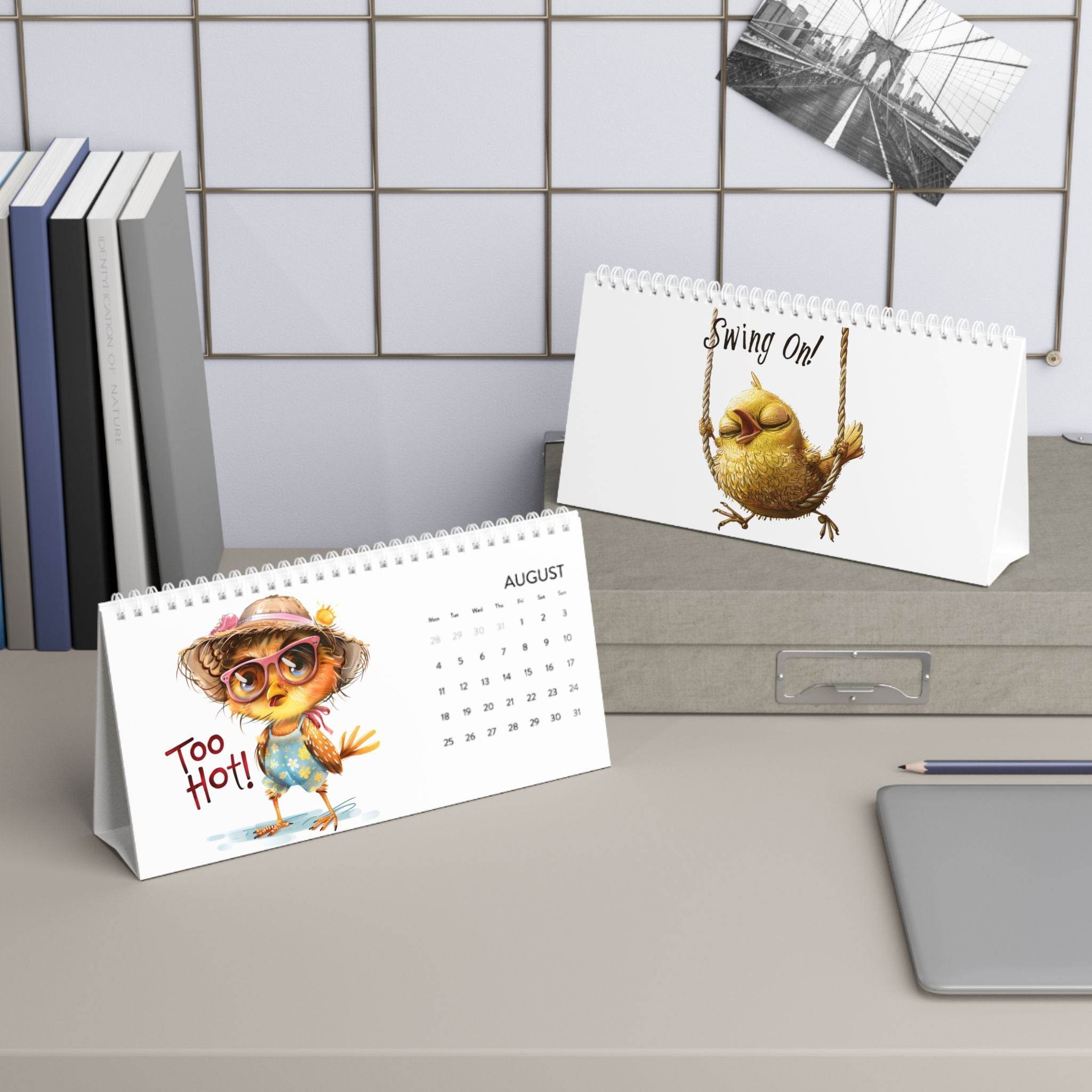 Printify eco-friendly desk calendar 2025 with cute bird illustrations and monthly date layout
