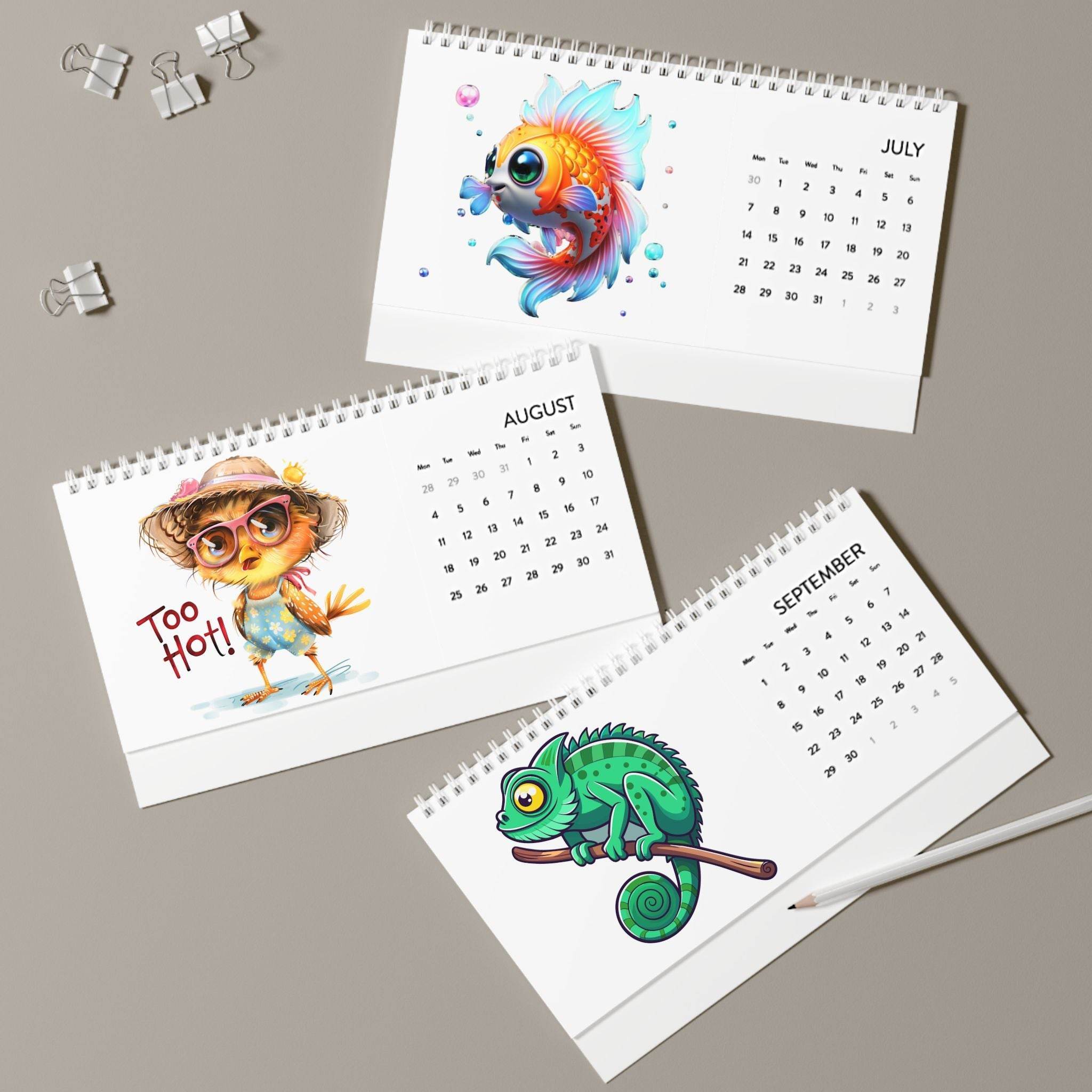 Printify eco-friendly desk calendar 2025 with colorful animal illustrations and spiral binding