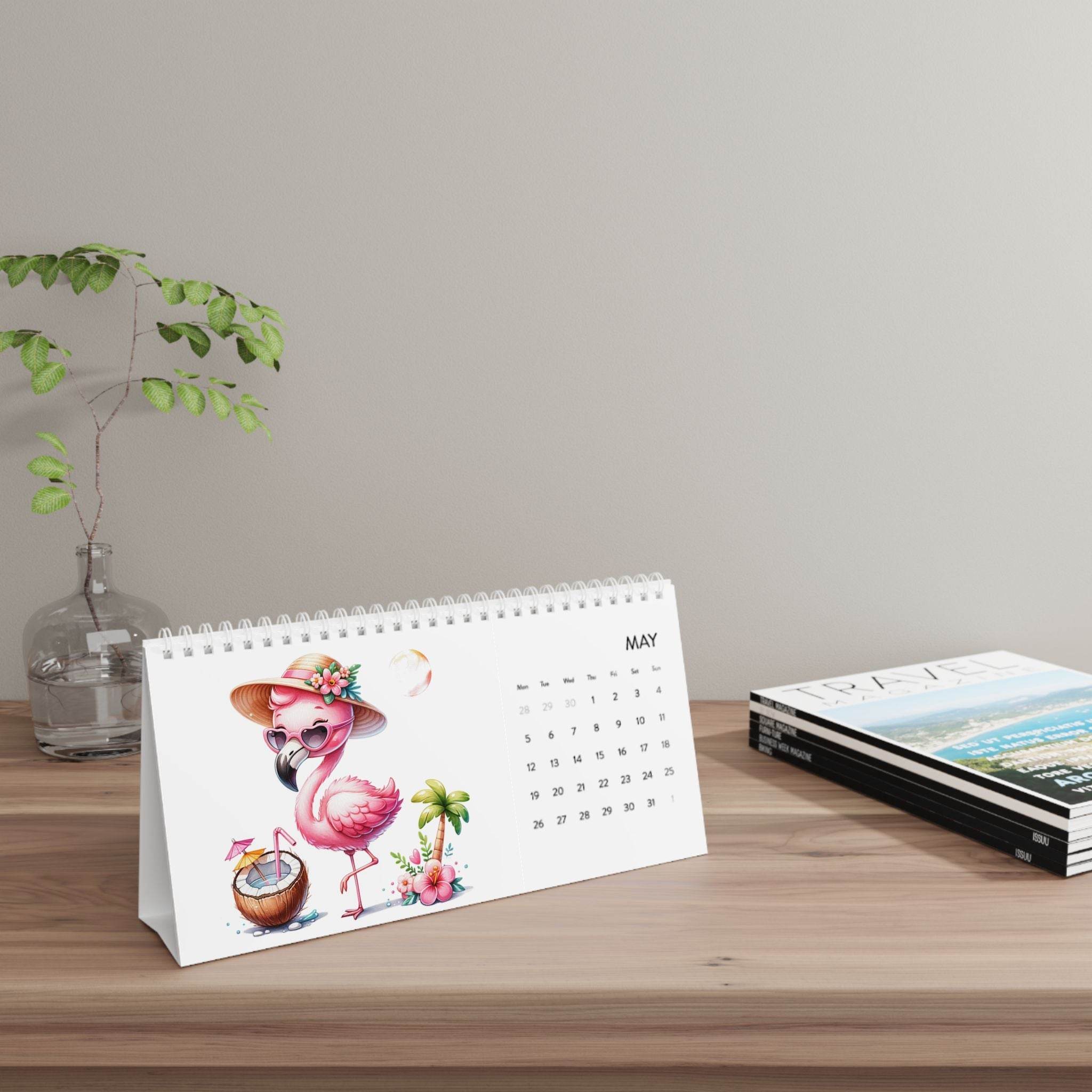 Printify eco-friendly desk calendar 2025 with tropical flamingo illustration on wooden desk