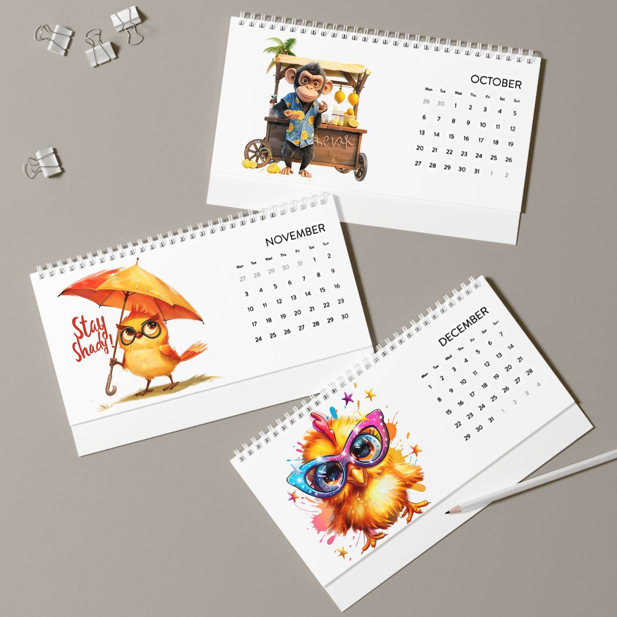 Printify eco-friendly desk calendar 2025 with cute animal illustrations for October, November, and December