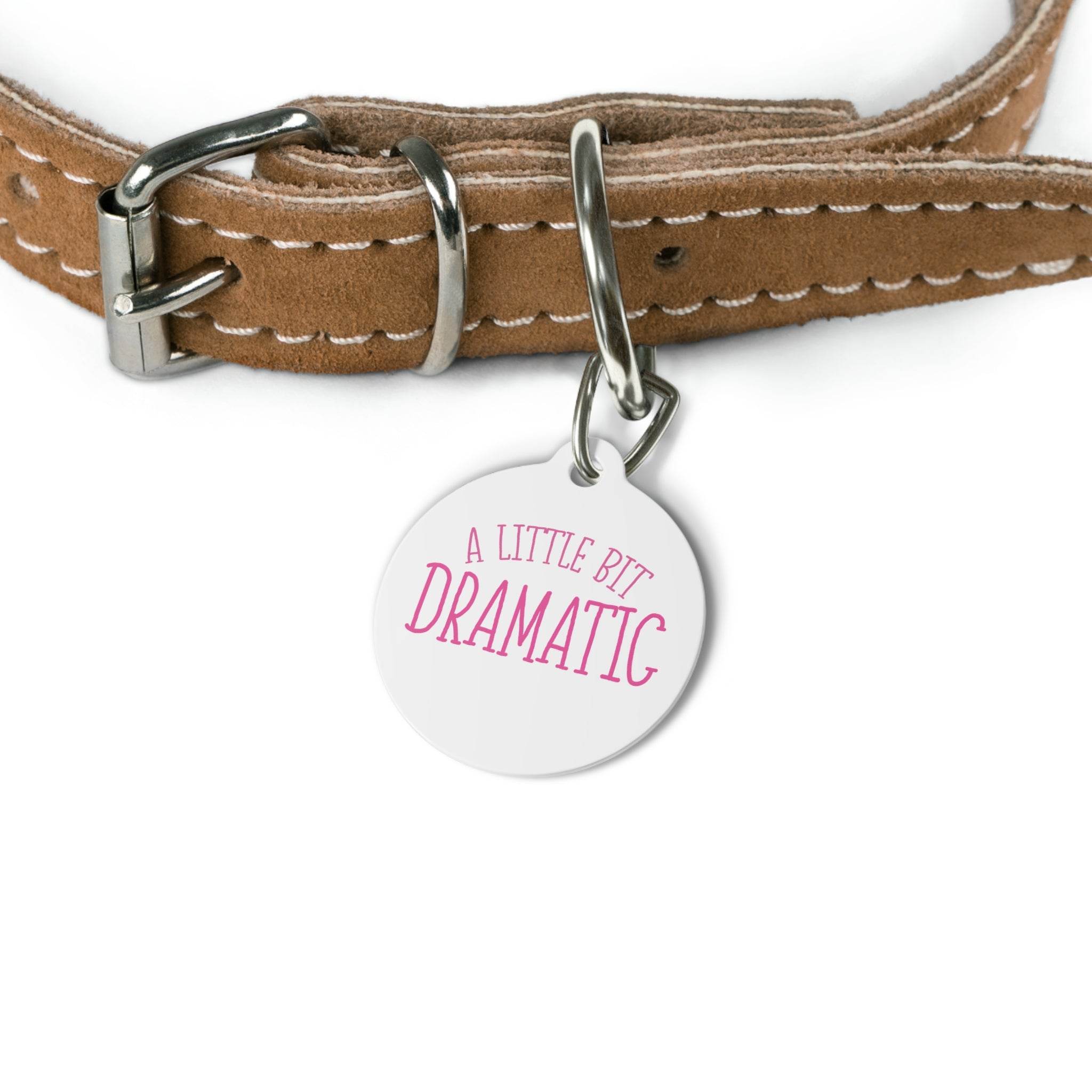 Leather pet collar with eco-friendly pet tags that say A Little Bit Dramatic in pink text