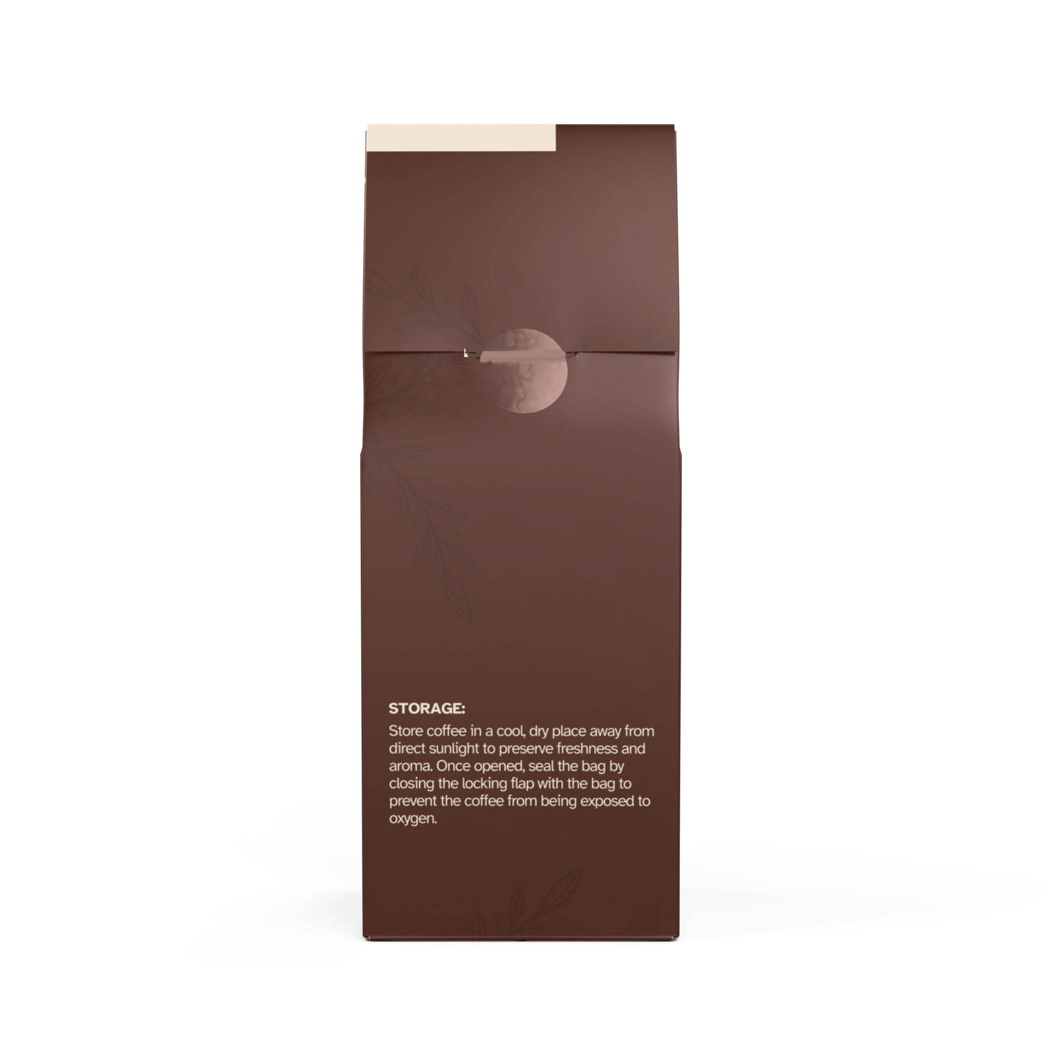 Printify coffee bag packaging featuring light roast coffee blend with storage instructions on brown bag