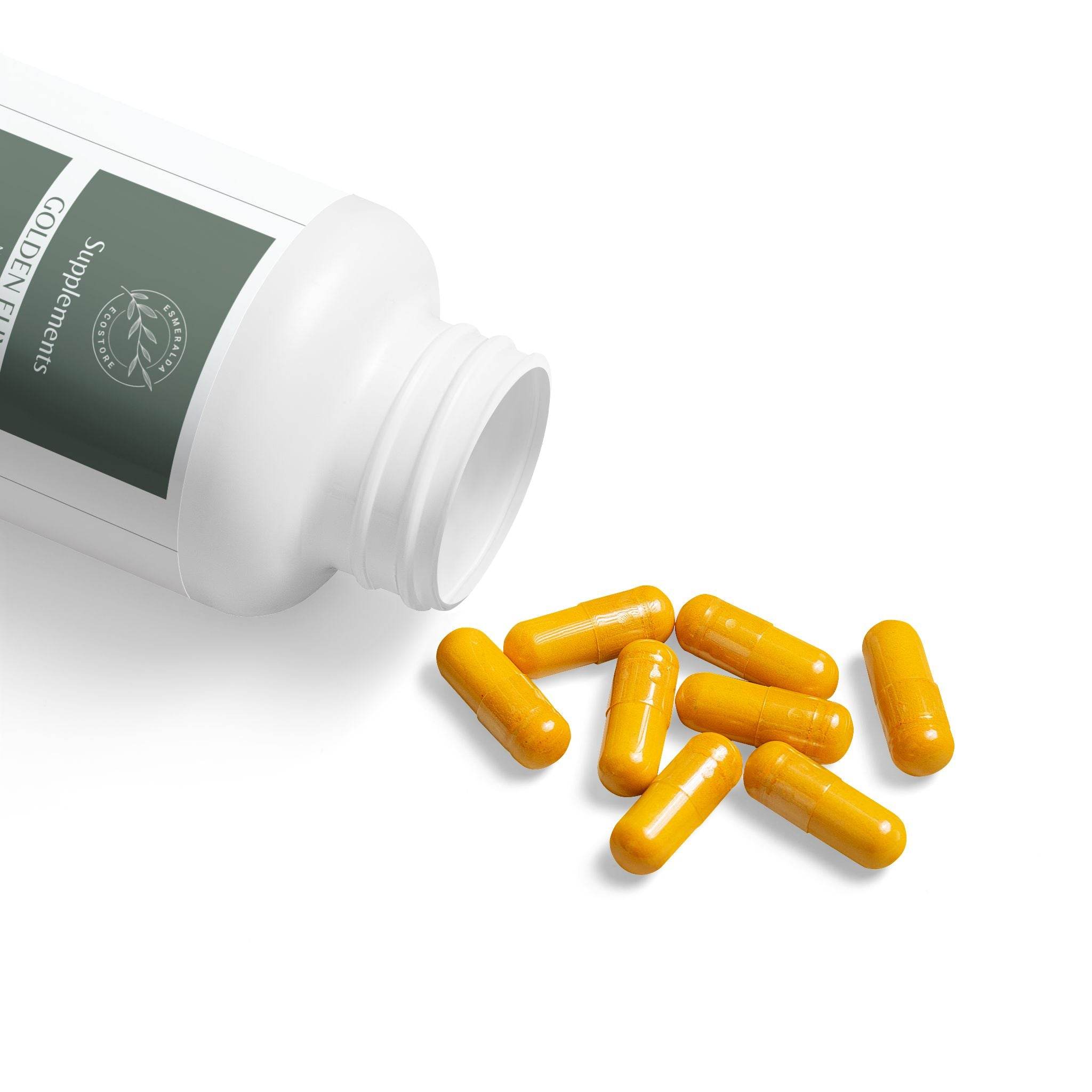 White bottle with yellow capsules of turmeric supplement with BioPerine spilled on white background