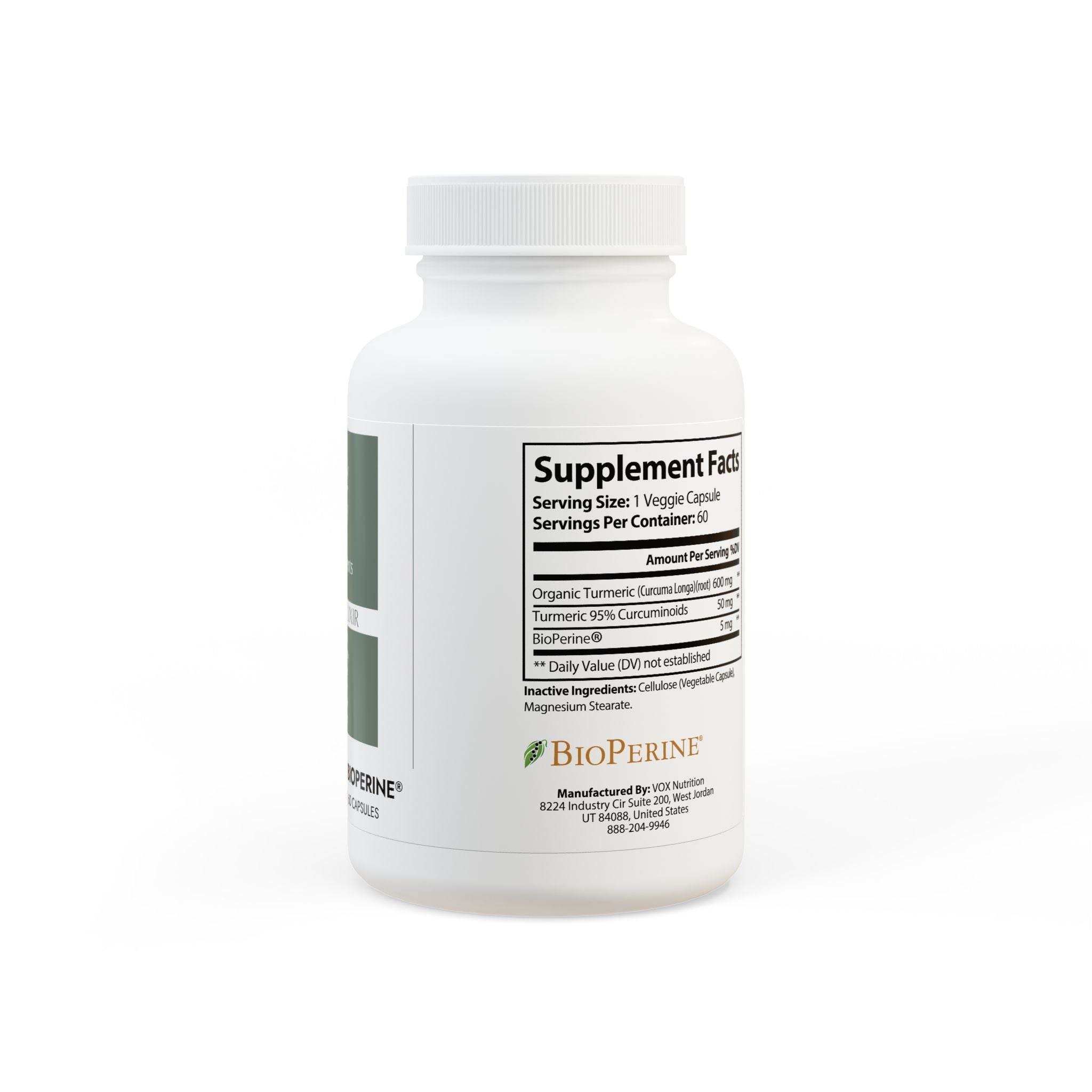 White bottle of turmeric supplement with BioPerine featuring supplement facts label and veggie capsules