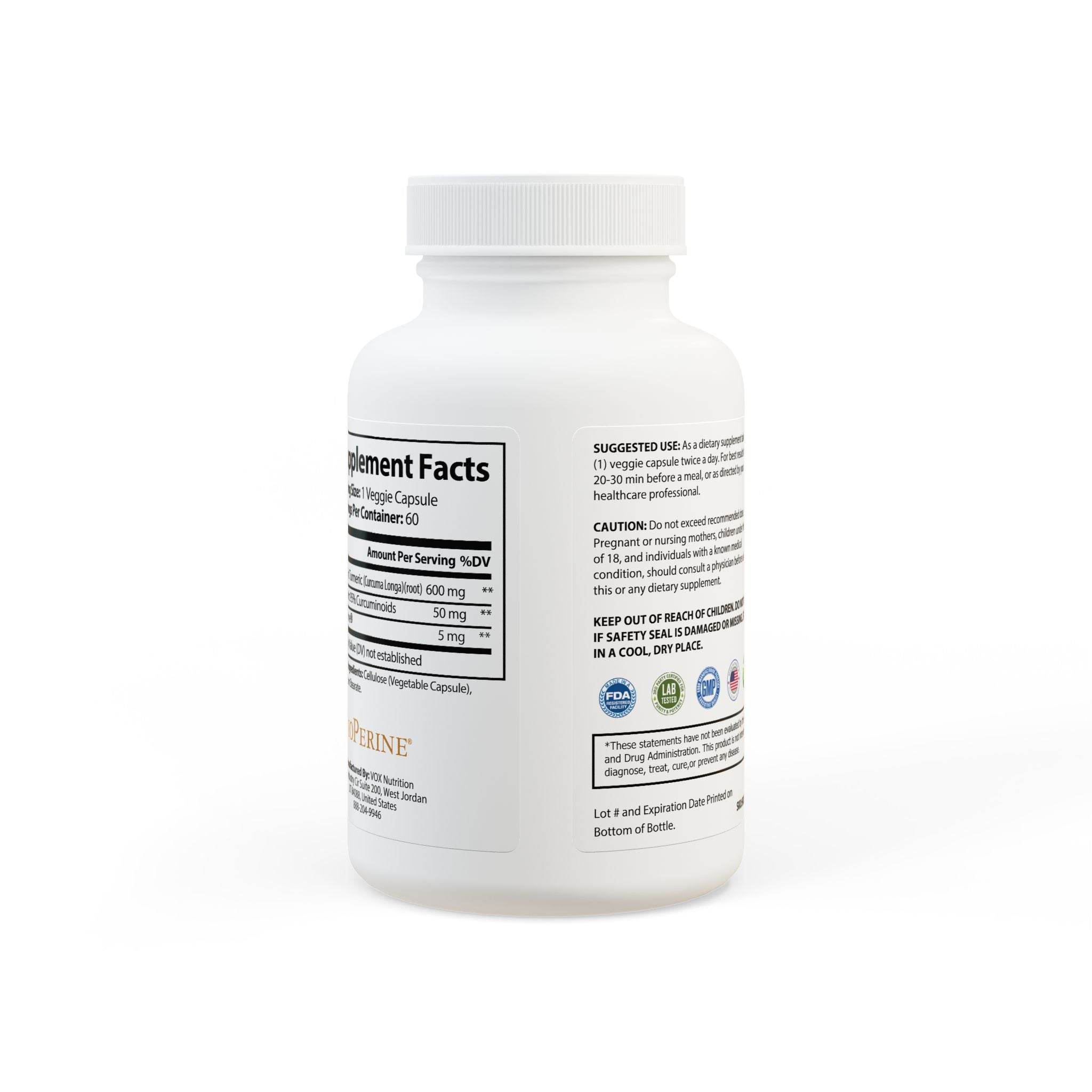 White bottle of turmeric supplement with BioPerine capsules showing supplement facts and usage information