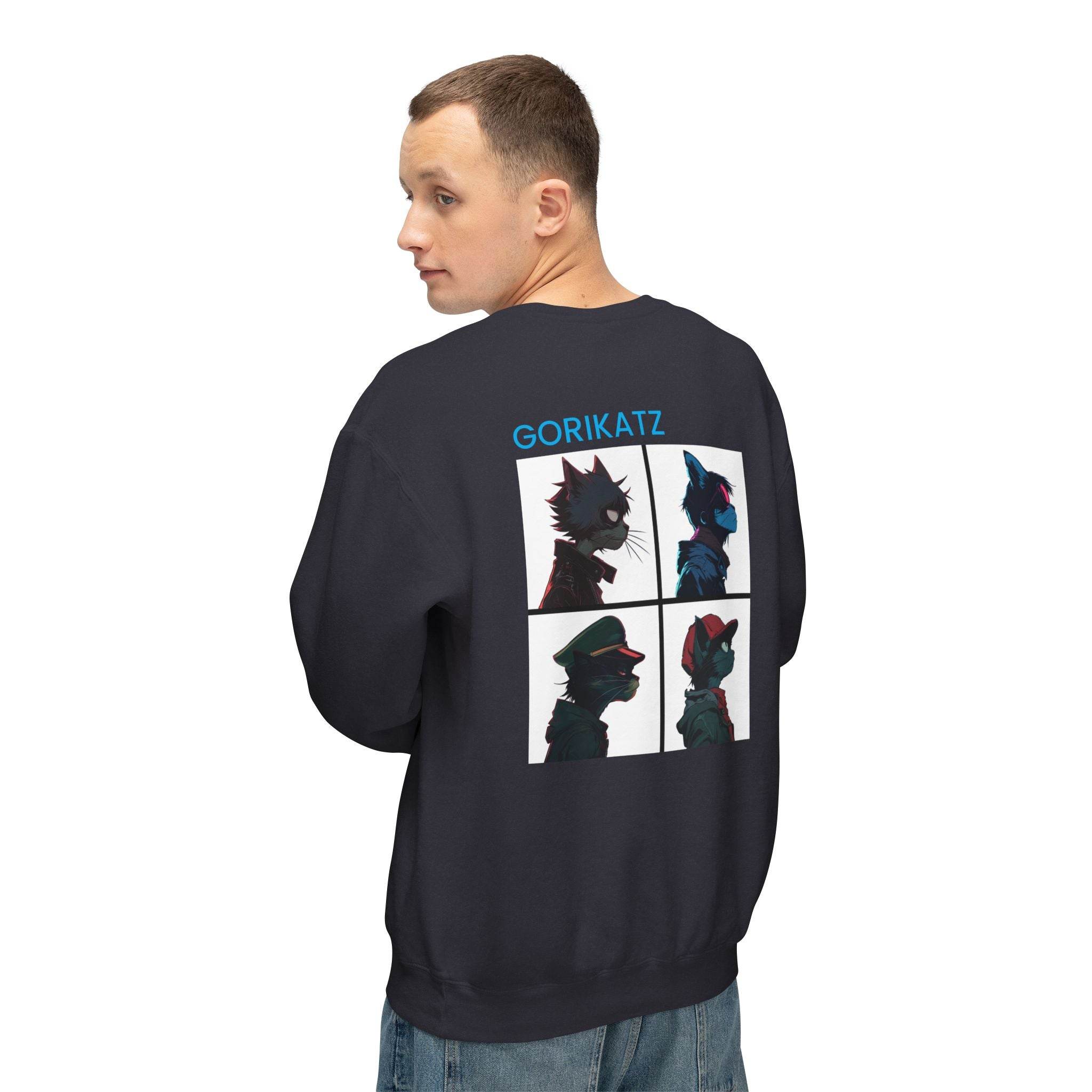 Printify unisex eco-friendly sweatshirt with graphic Gorikatz character design on the back