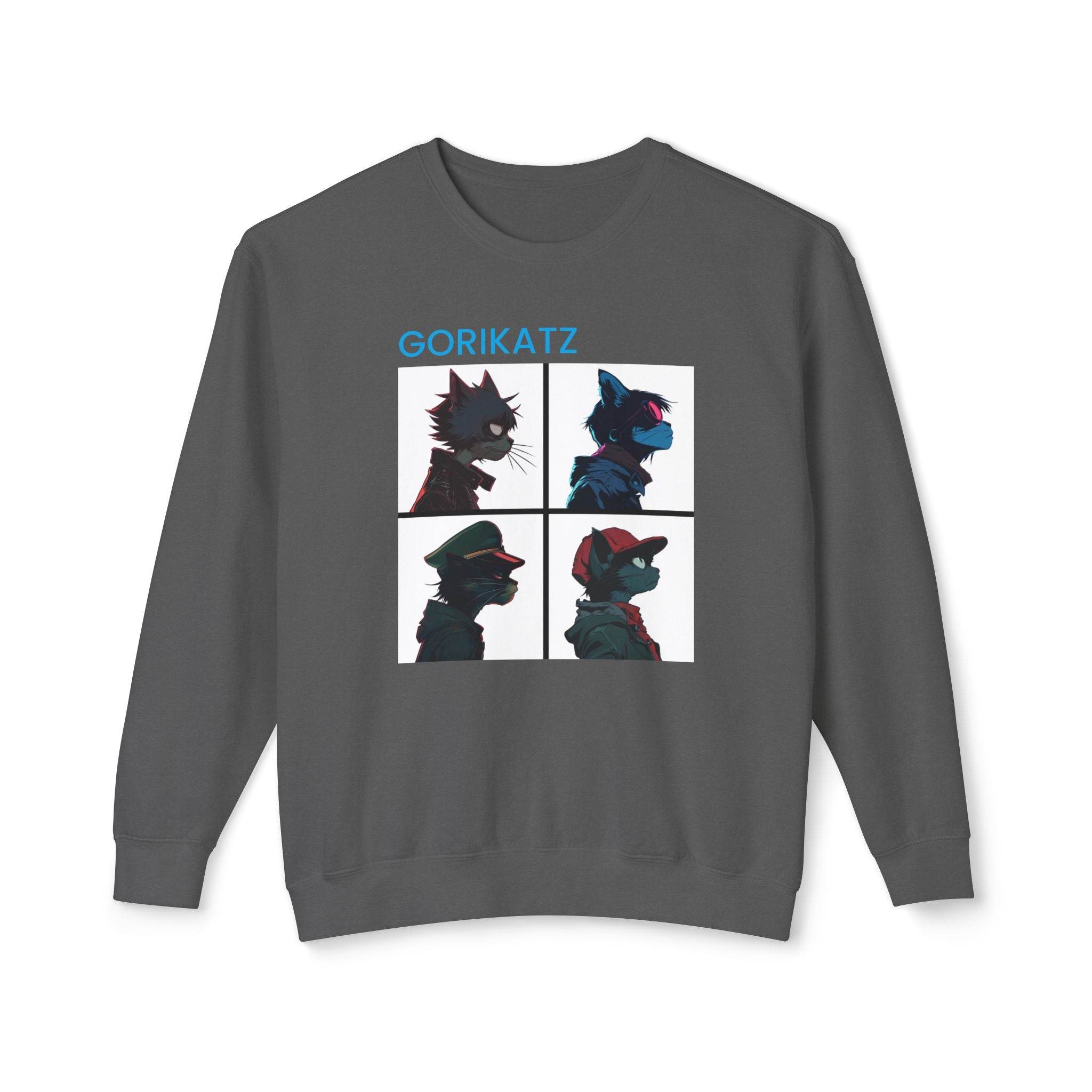 Printify unisex eco-friendly sweatshirt in dark gray featuring graphic designs of four stylized cat heads