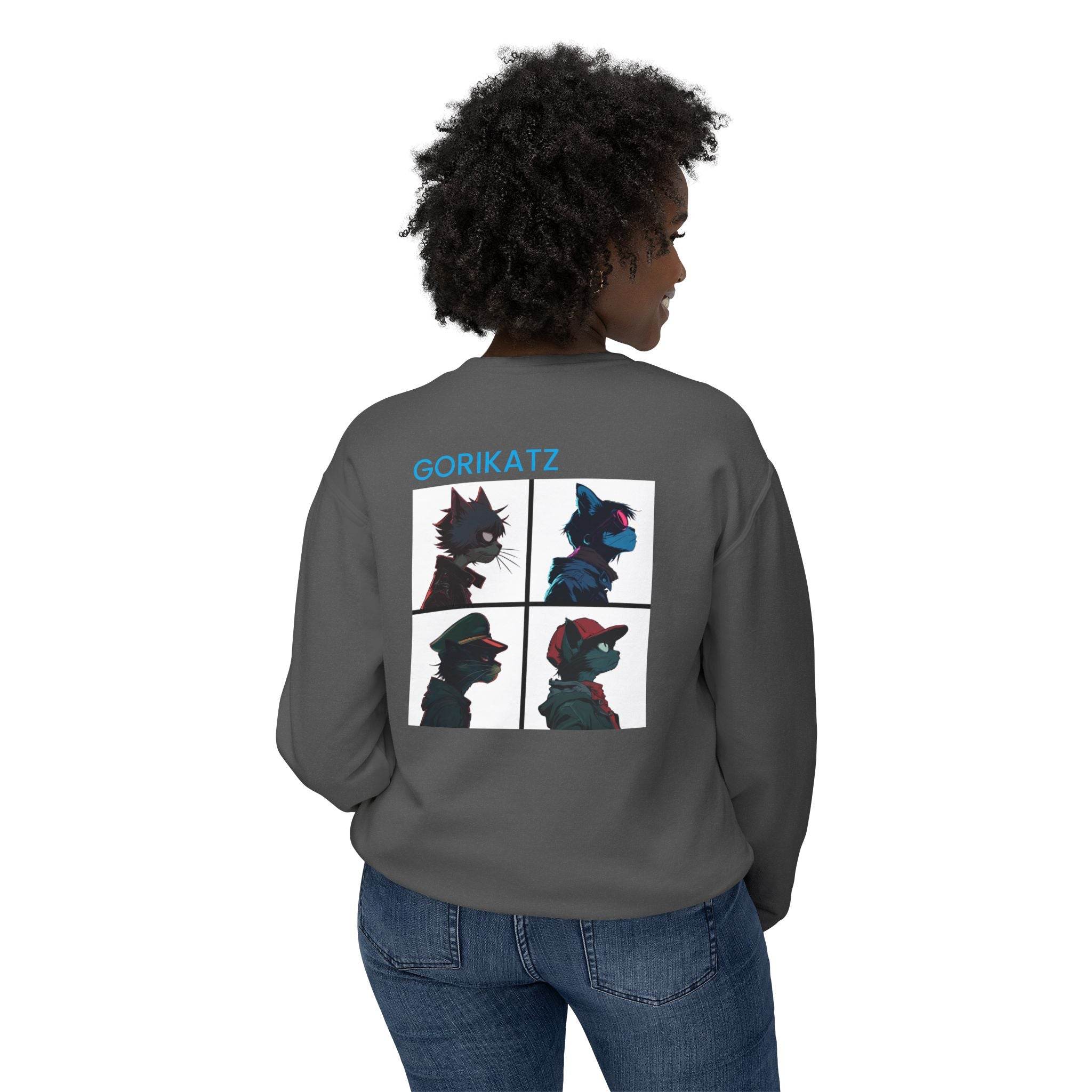 Printify unisex eco-friendly sweatshirt with GORIKATZ graphic on back worn by woman