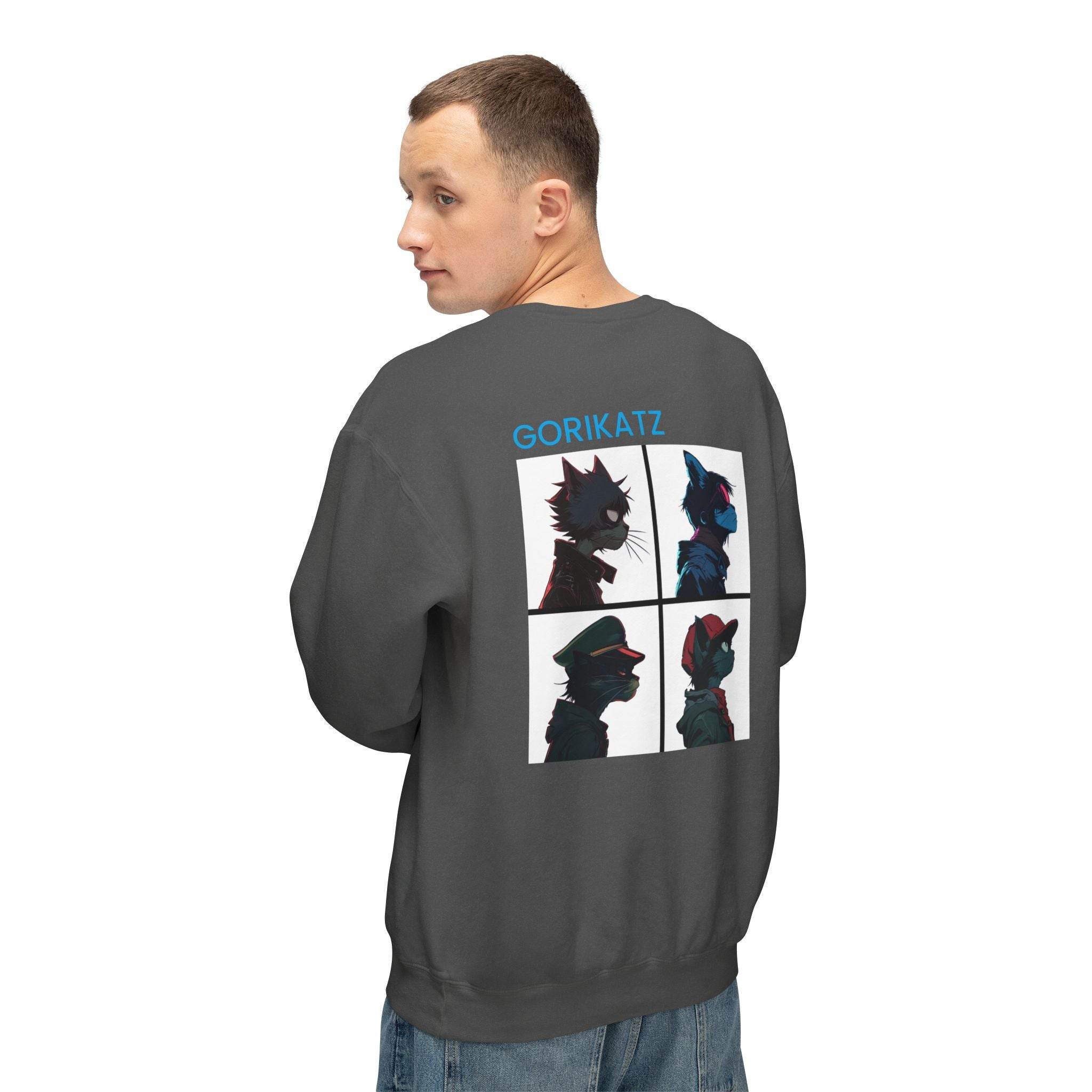 Printify unisex eco-friendly sweatshirt in dark gray with Gorikatz graphic art on the back