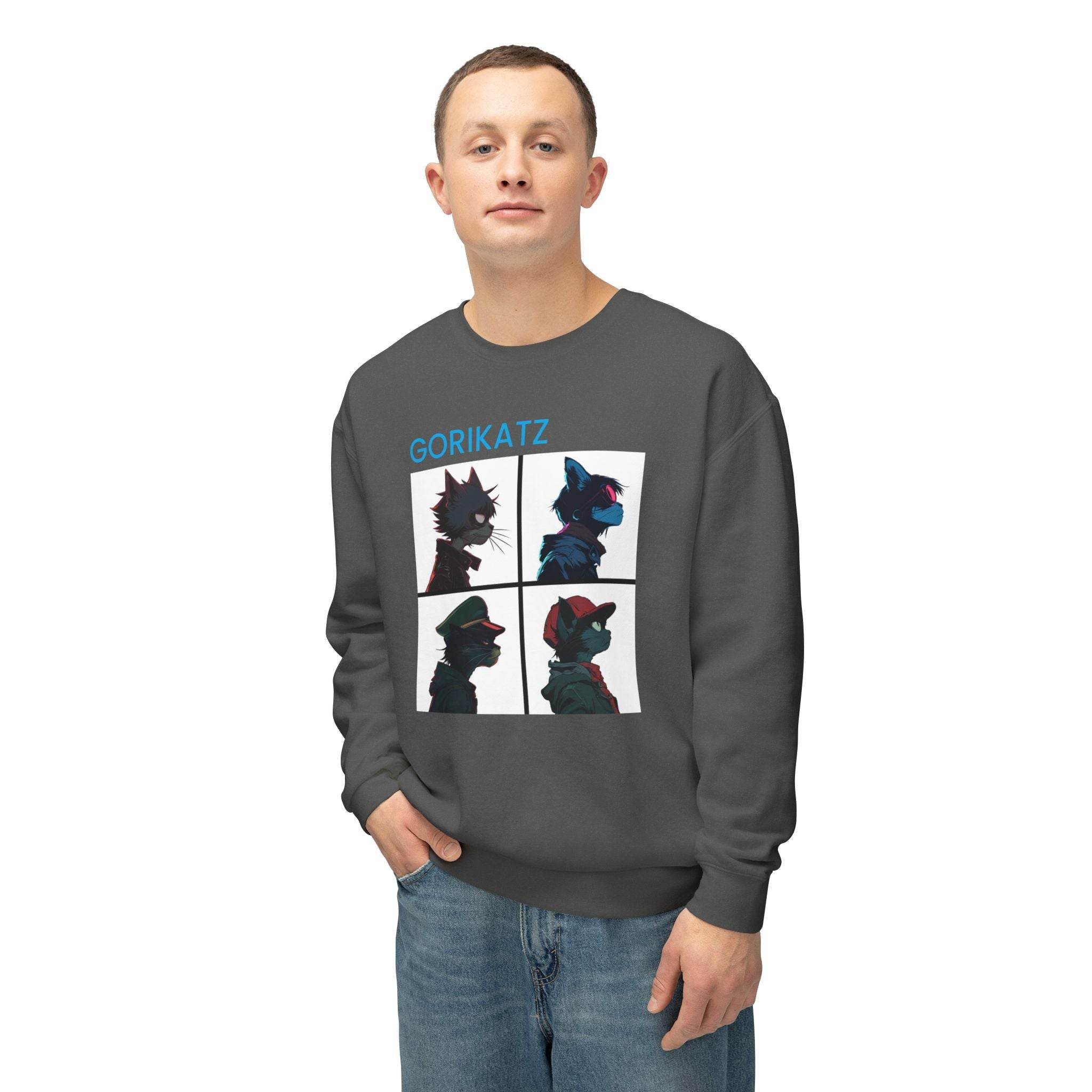 Printify unisex eco-friendly sweatshirt in dark gray with graphic GORIKATZ cat design