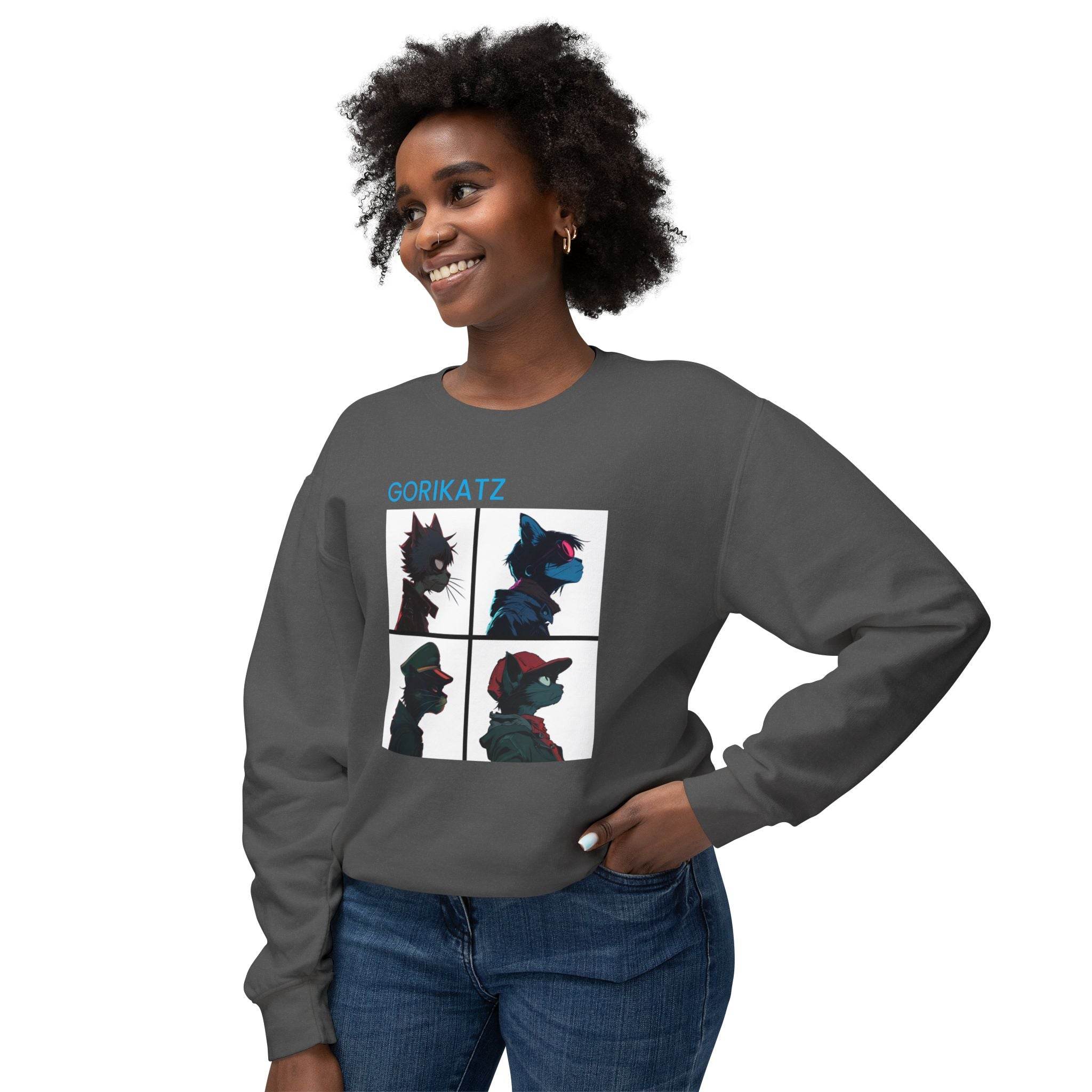 Printify unisex eco-friendly sweatshirt in dark gray with gorikatz graphic design worn by smiling woman