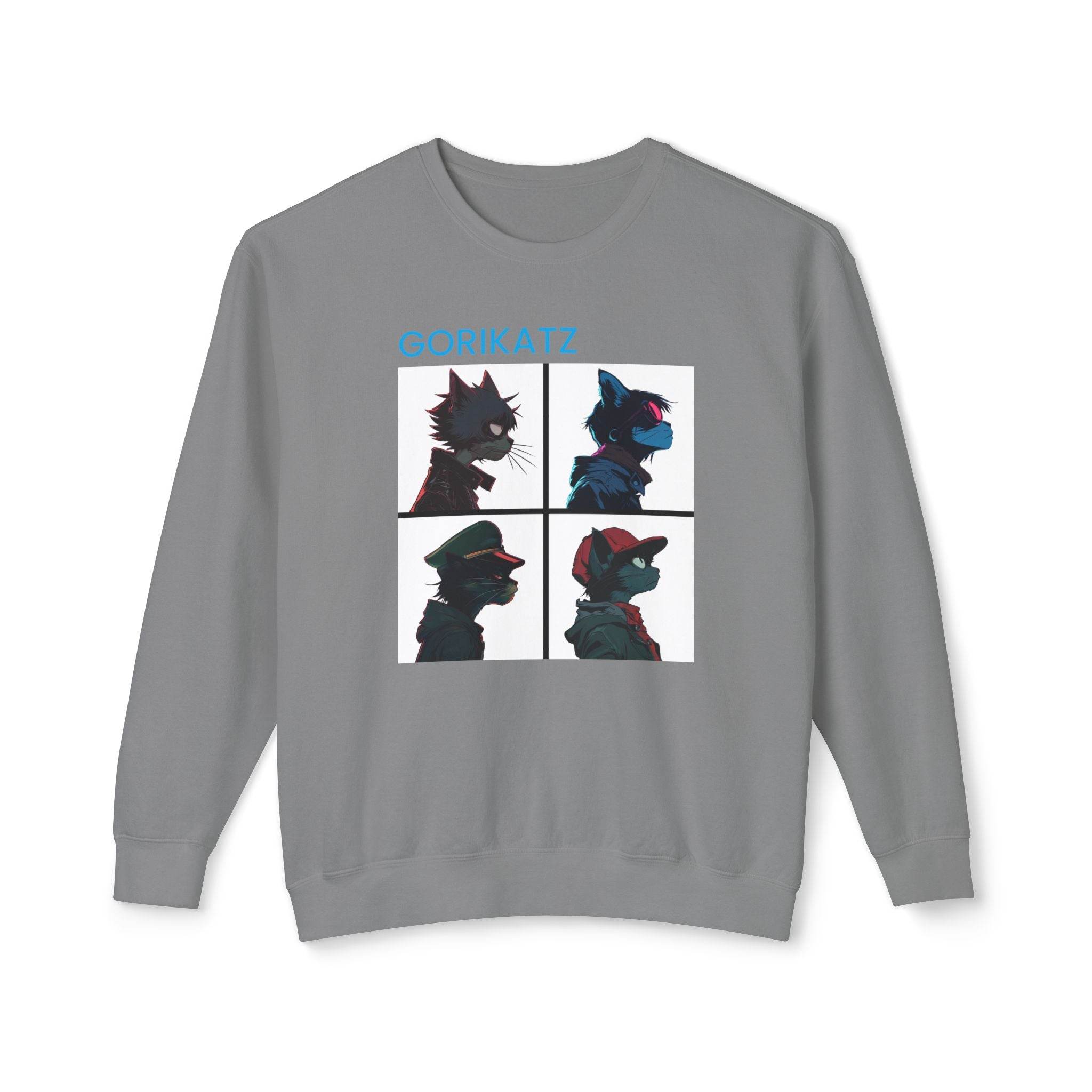 Printify unisex eco-friendly sweatshirt in gray with colorful graphic of four animal profiles