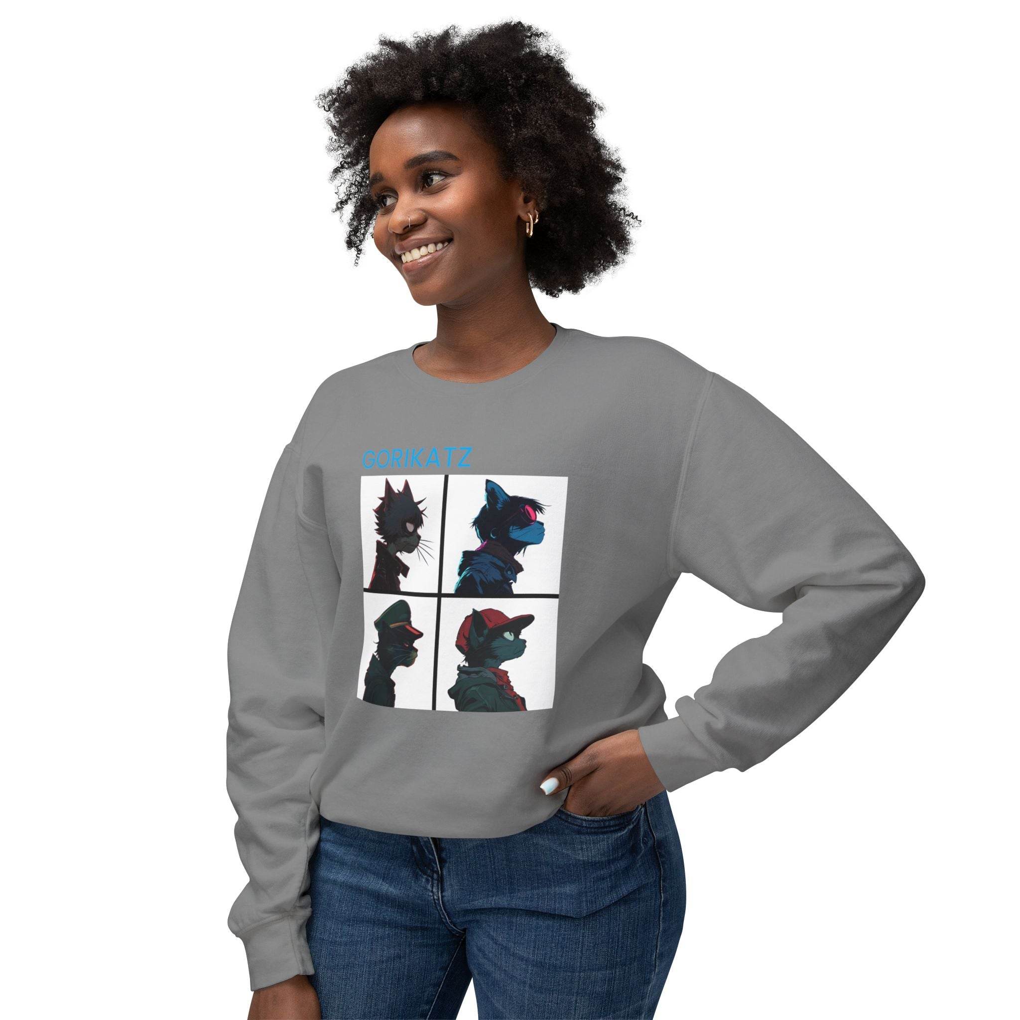 Printify unisex eco-friendly sweatshirt in gray with graphic design worn by smiling woman