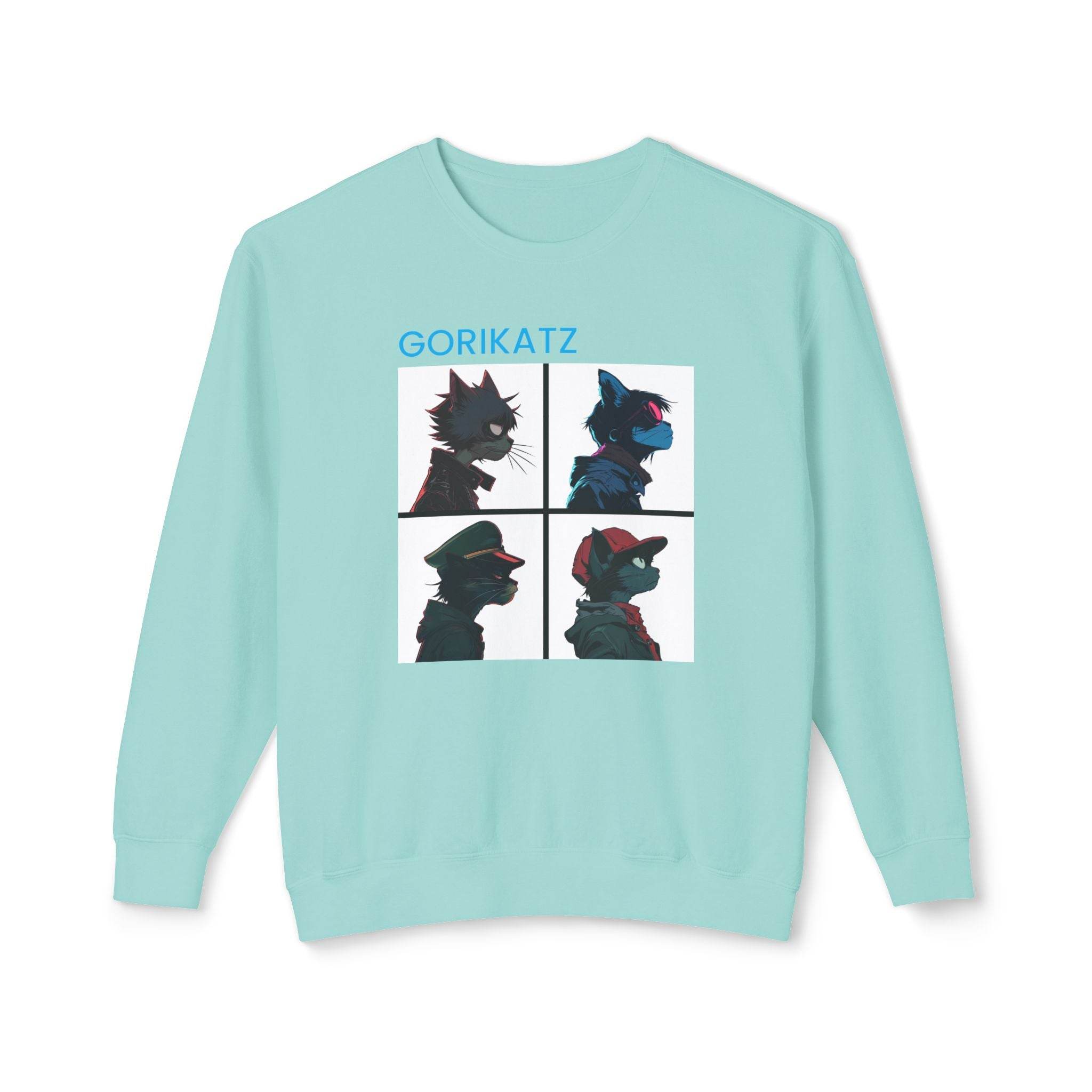 Printify unisex eco-friendly sweatshirt in light blue with Gorikatz graphic design