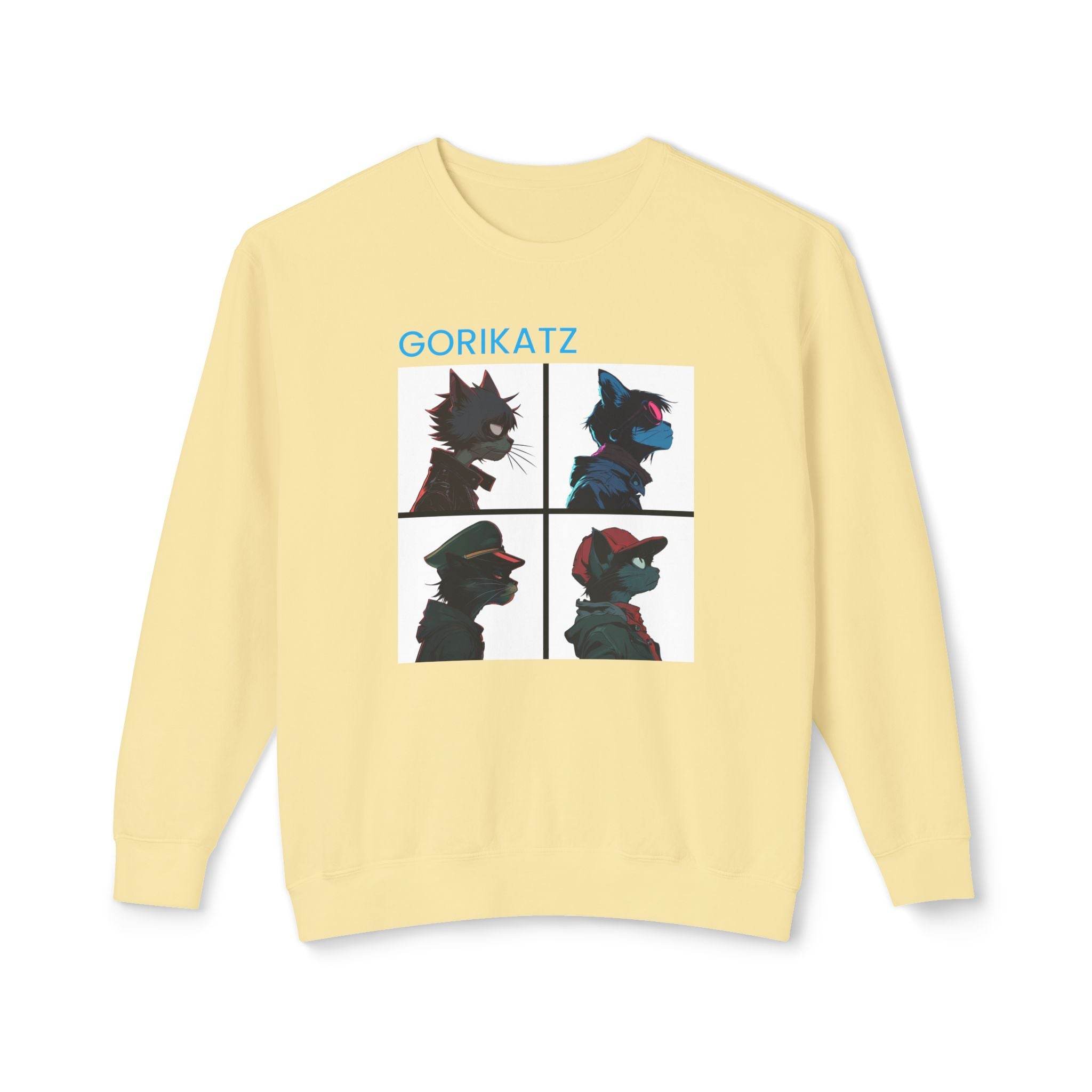 Printify unisex eco-friendly sweatshirt in light yellow with Gorikatz character graphic design