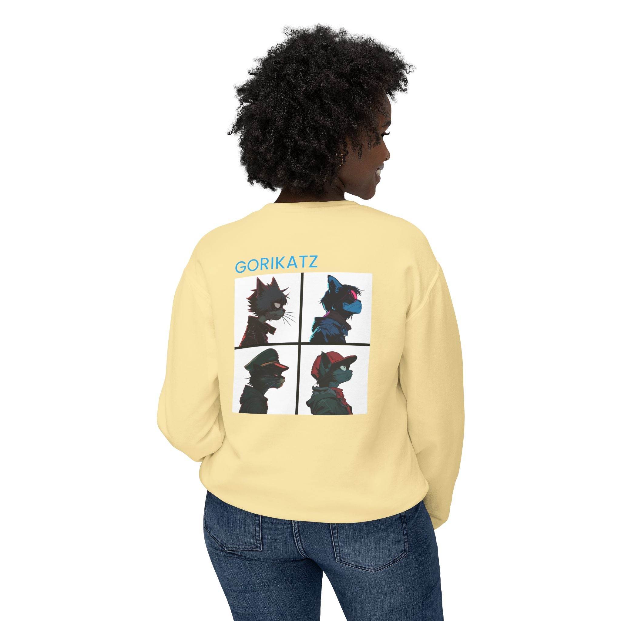 Printify unisex eco-friendly sweatshirt in cream with colorful Gorikatz graphic on back